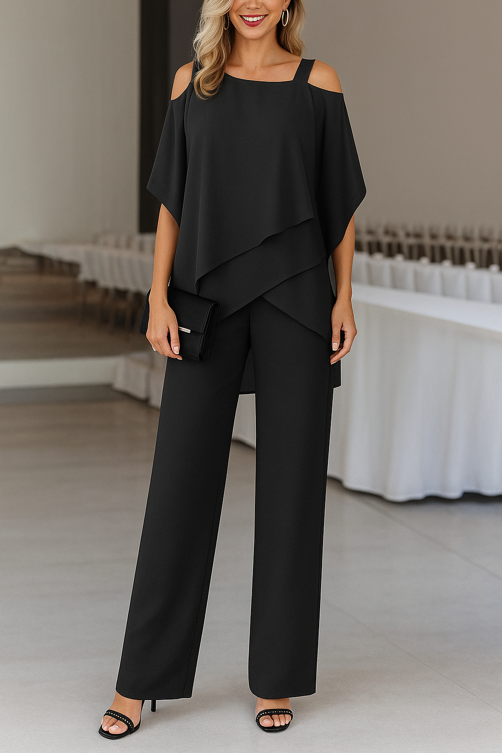Completo Donna Elegante Due Pezzi con Blusa Asimmetrica e Pantaloni