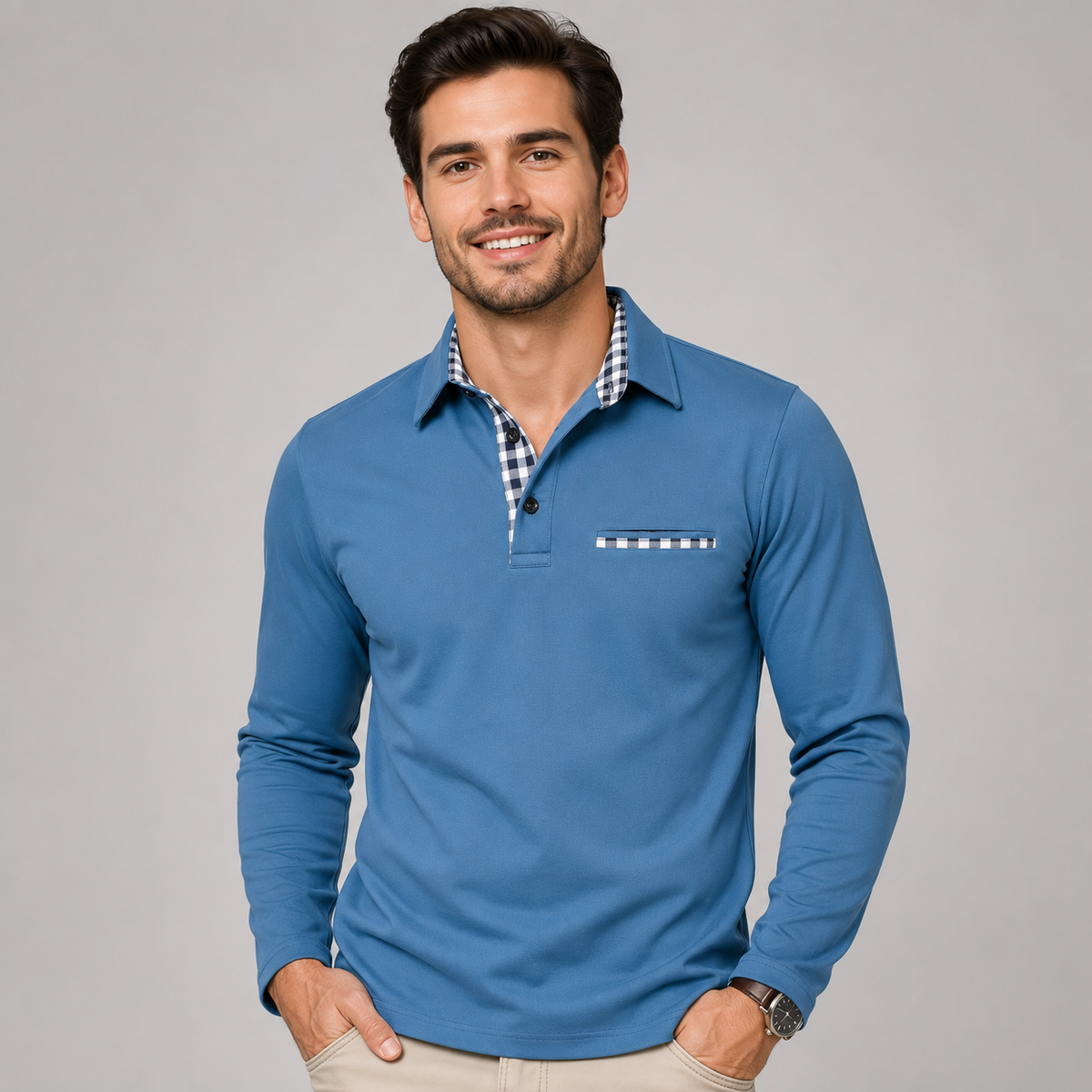 Polo a Maniche Lunghe da Uomo con Colletto a Contrasto