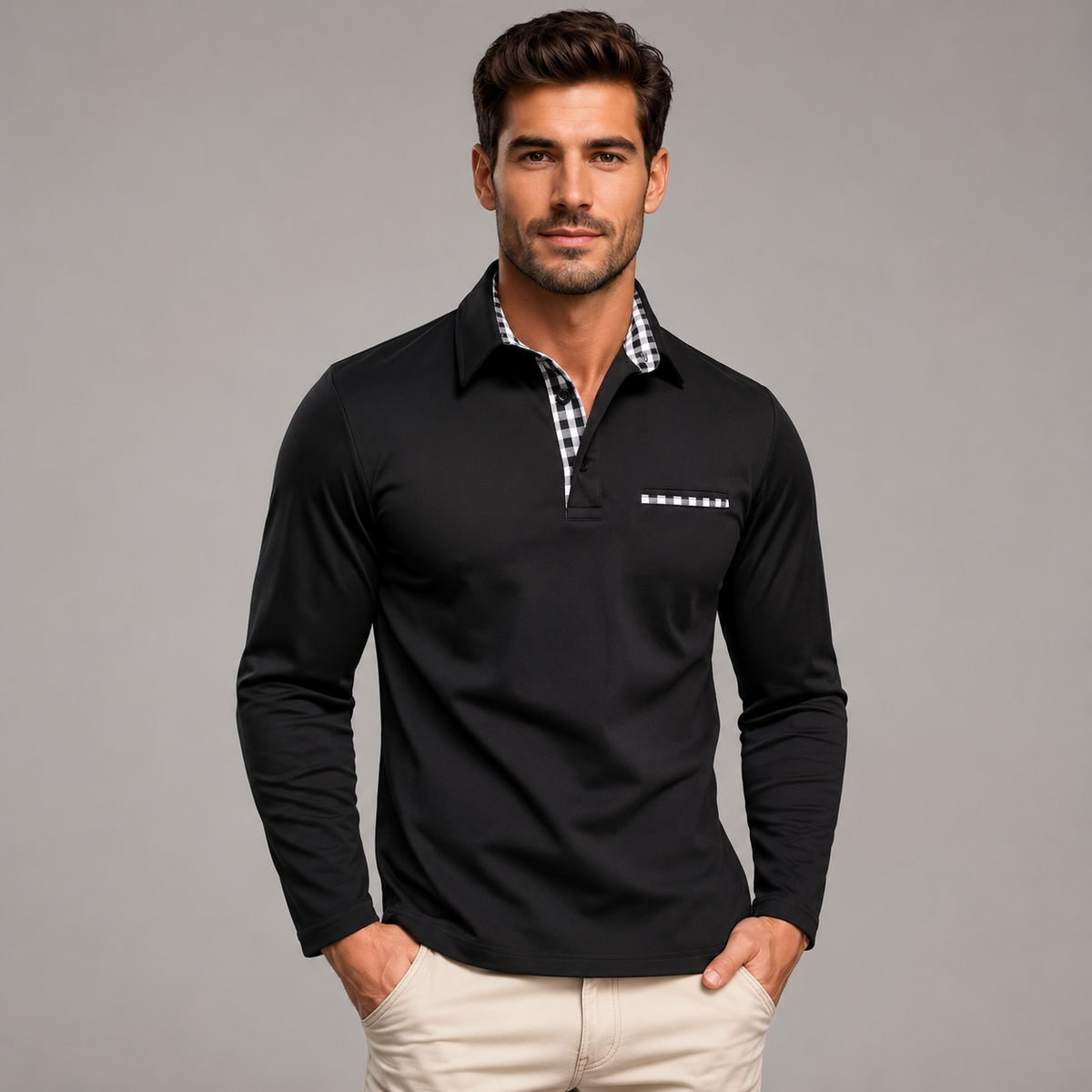 Polo a Maniche Lunghe da Uomo con Colletto a Contrasto