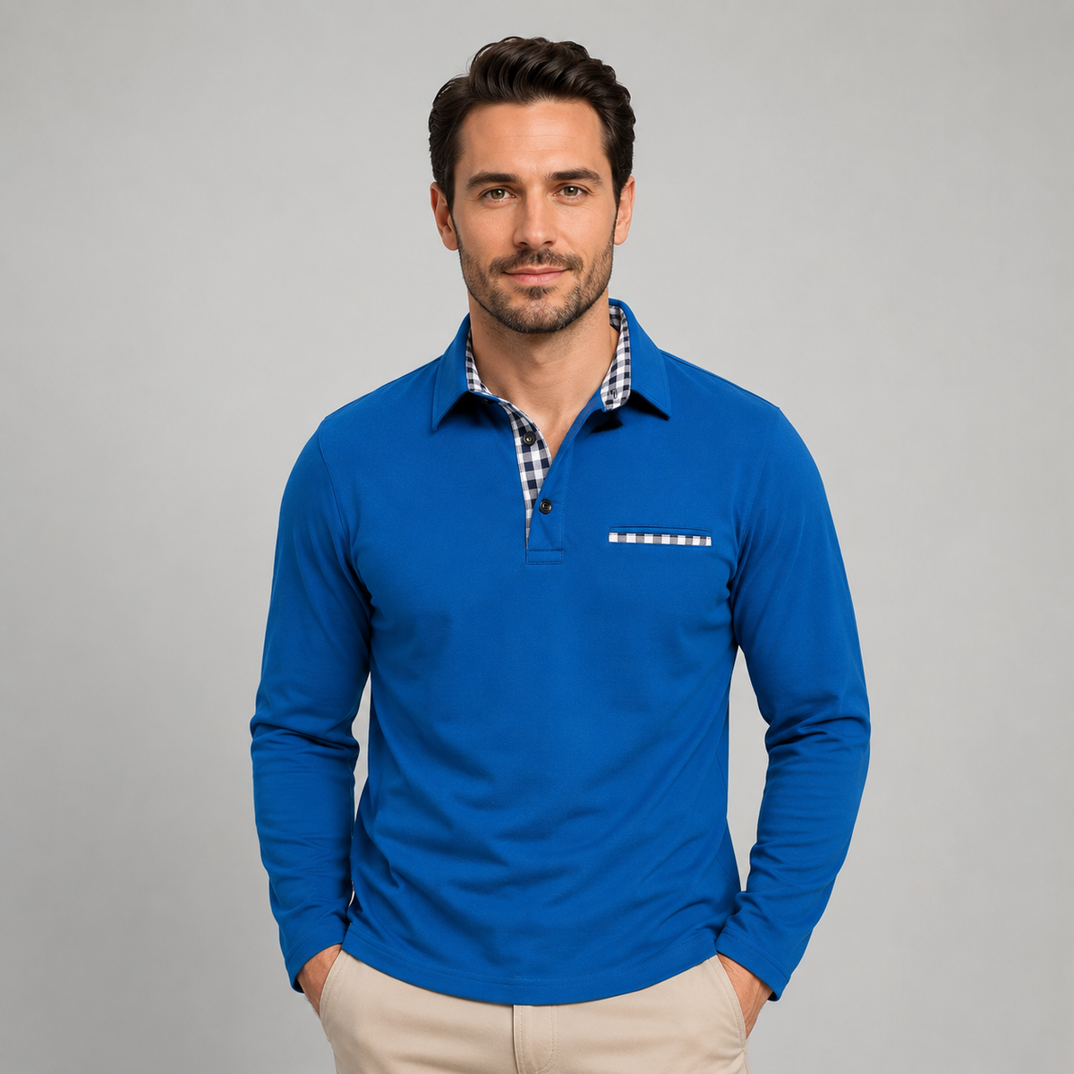 Polo a Maniche Lunghe da Uomo con Colletto a Contrasto