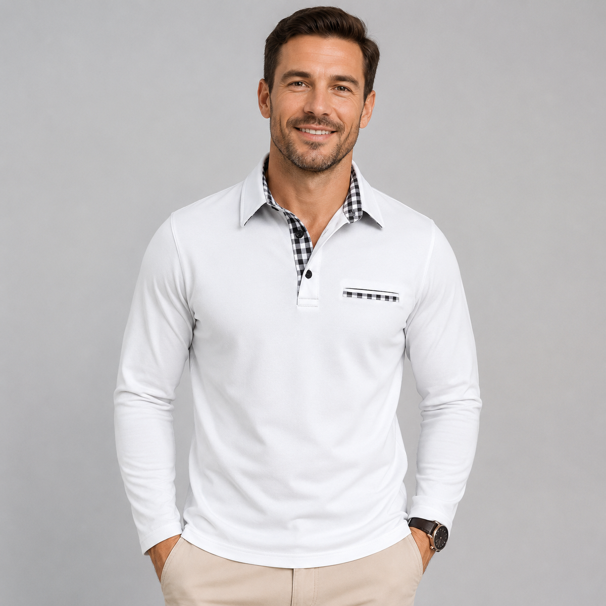 Polo a Maniche Lunghe da Uomo con Colletto a Contrasto