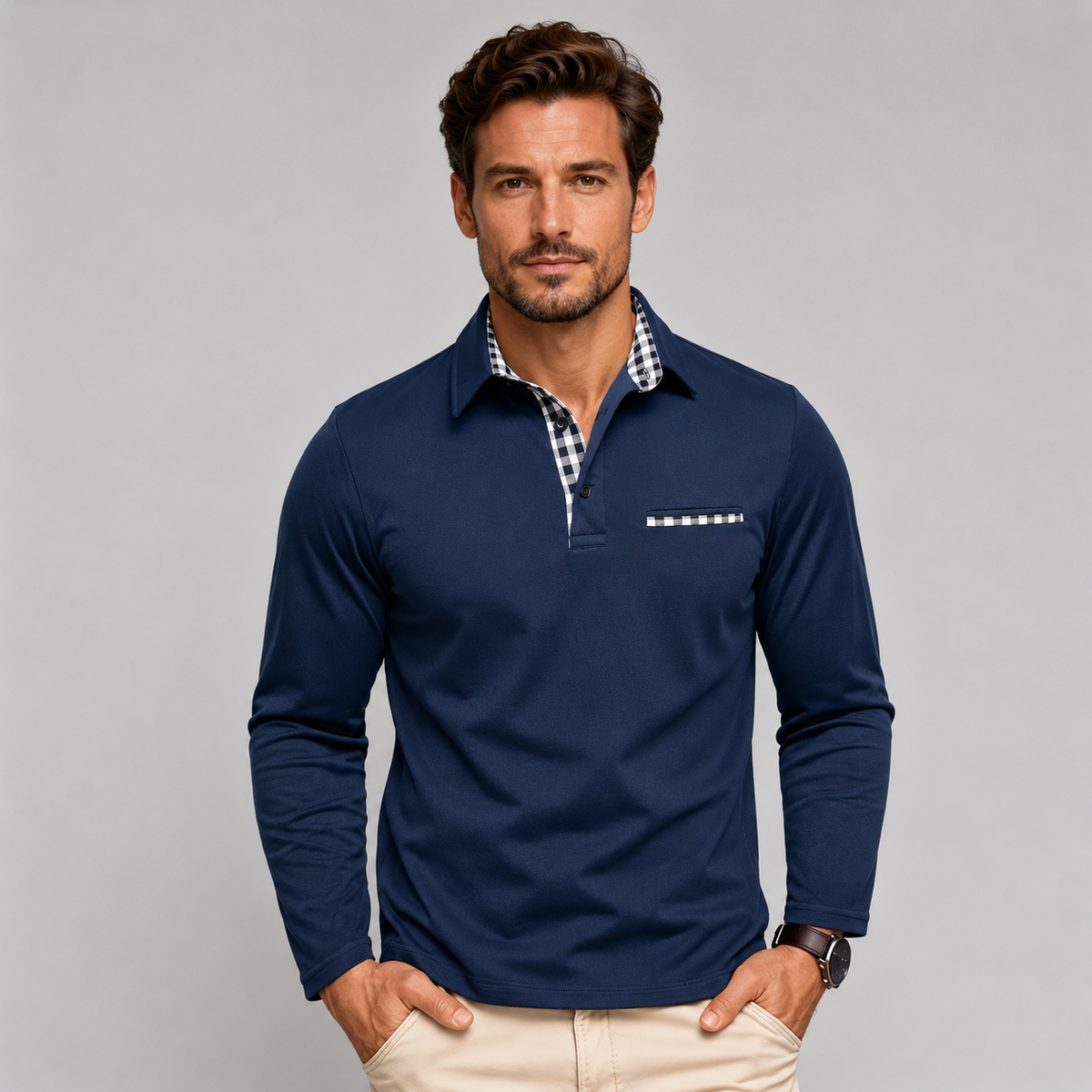 Polo a Maniche Lunghe da Uomo con Colletto a Contrasto