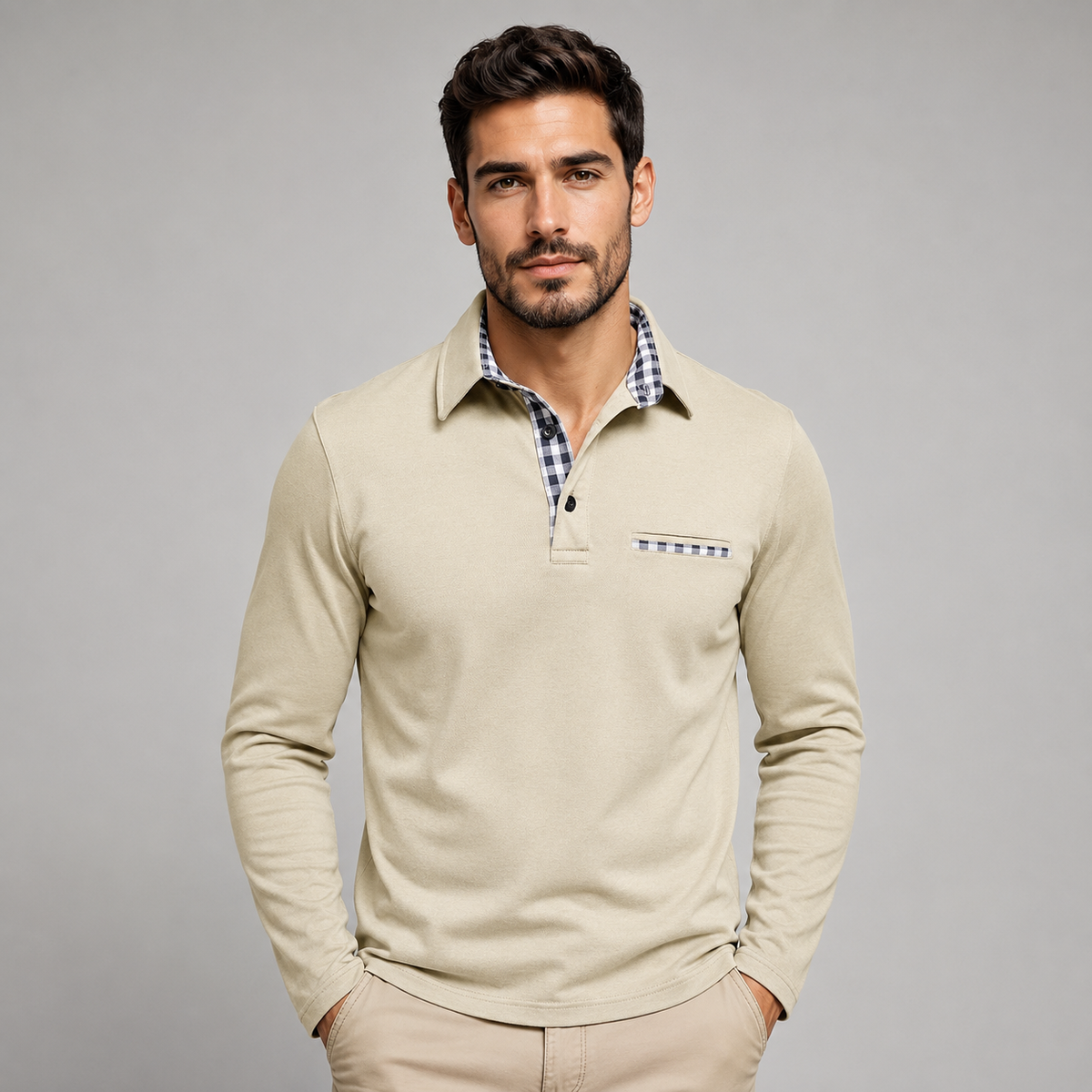 Polo a Maniche Lunghe da Uomo con Colletto a Contrasto