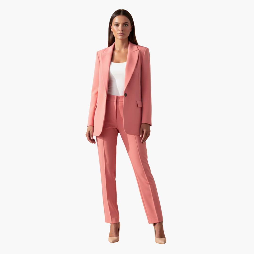 Conjunto feminino de blazer e calça com lapelas clássicas e modelagem ajustada