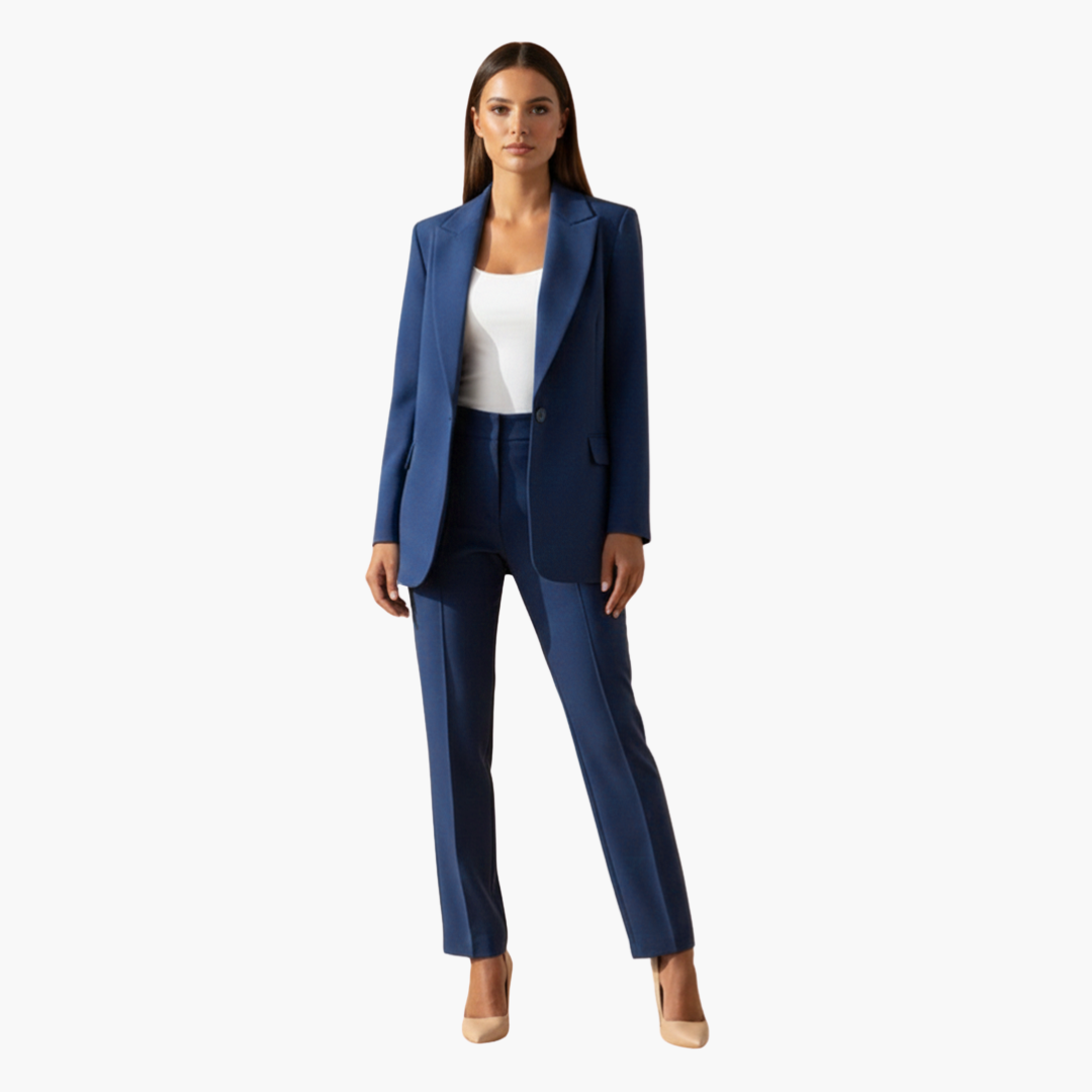 Conjunto feminino de blazer e calça com lapelas clássicas e modelagem ajustada