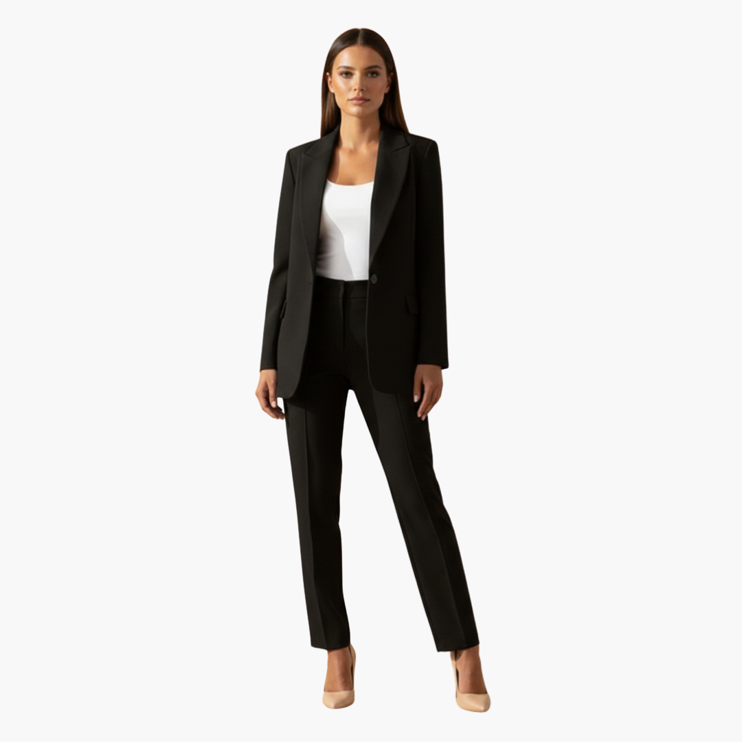 Conjunto feminino de blazer e calça com lapelas clássicas e modelagem ajustada