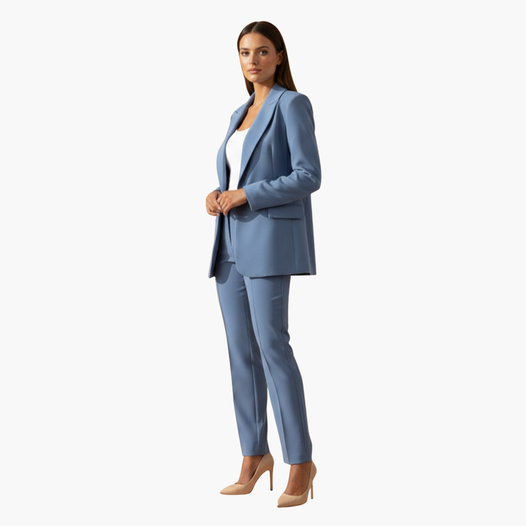 Conjunto feminino de blazer e calça com lapelas clássicas e modelagem ajustada