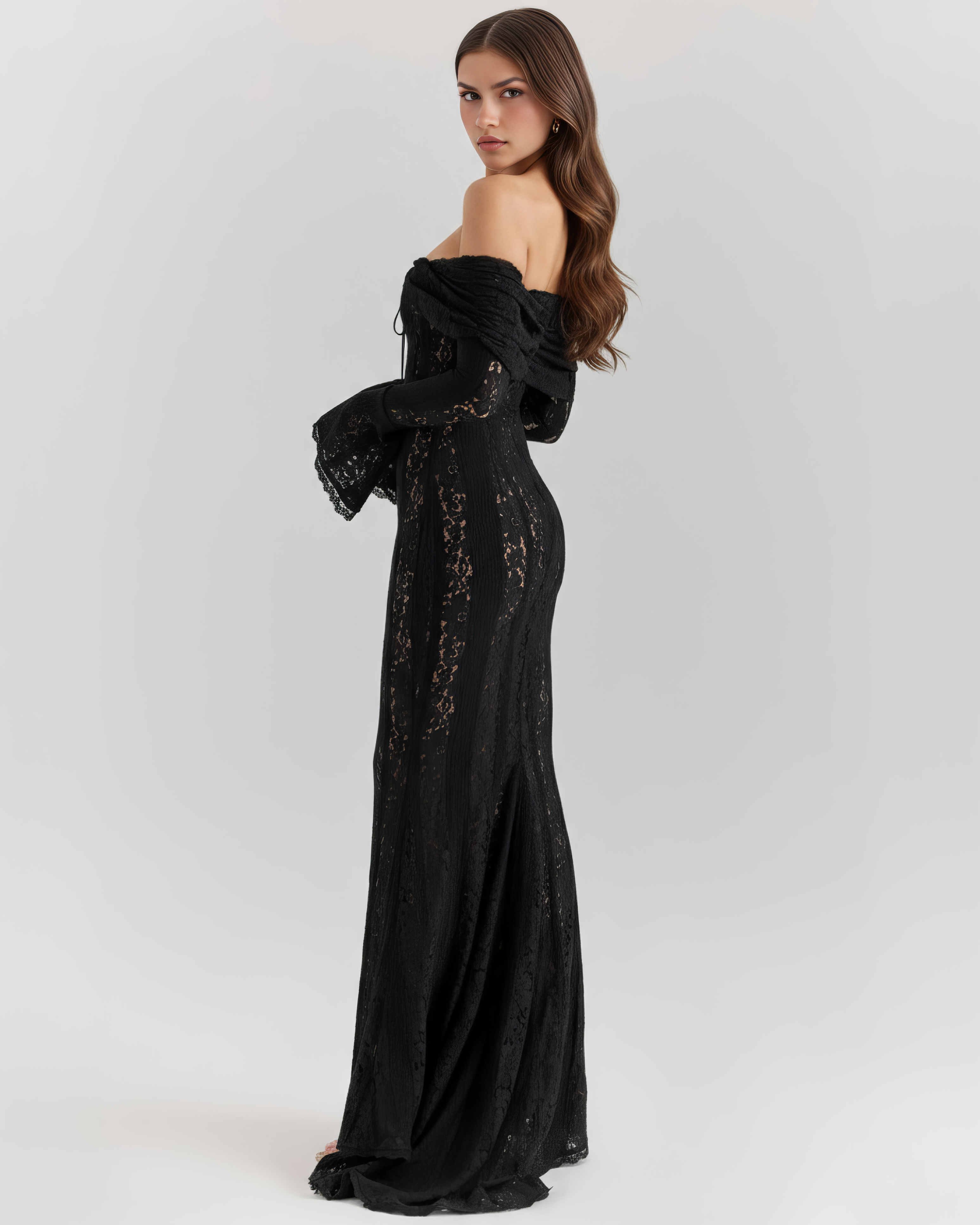 Vestido largo de noche para mujer con escote Bardot y mangas largas