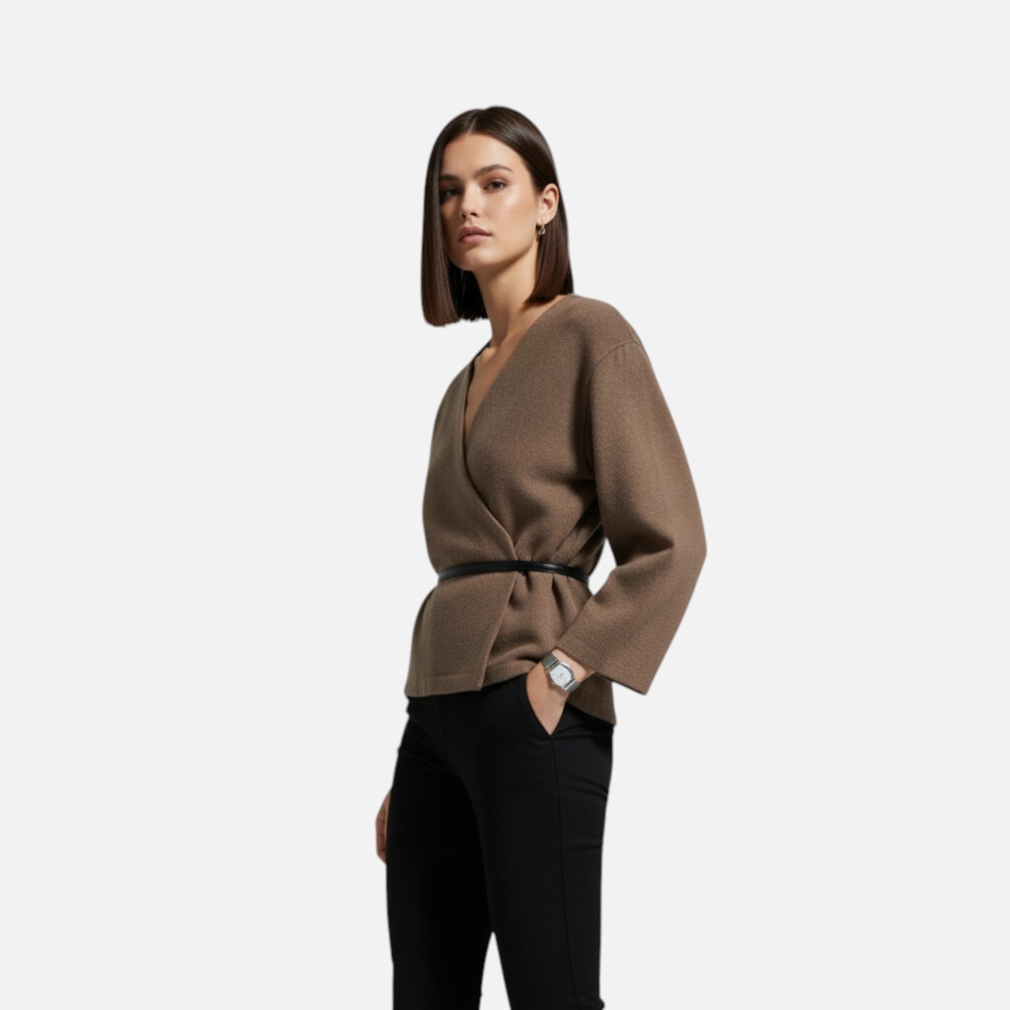 Giacca Donna Incrociata con Cintura Sottile e Scollo a V