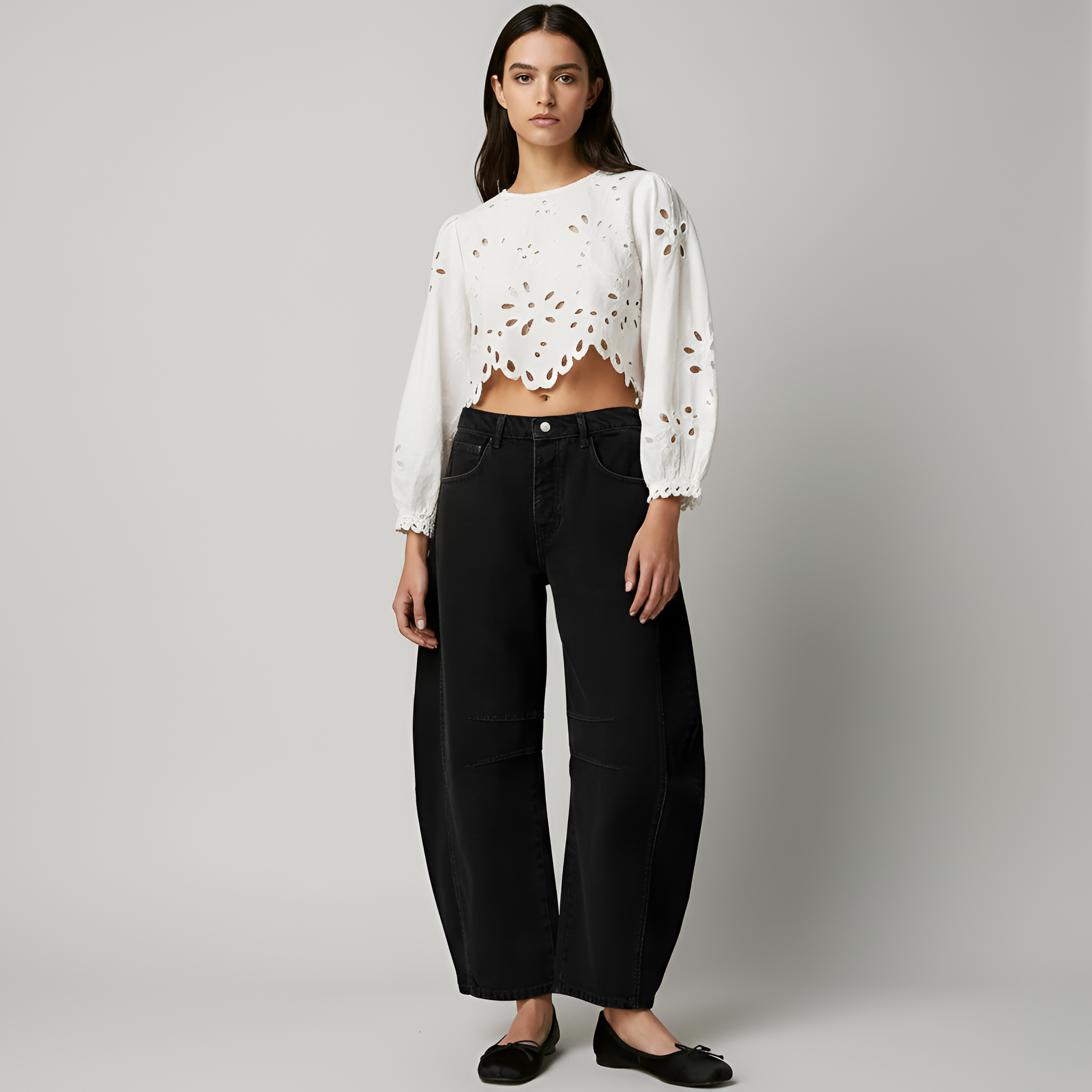 Valerios Fashion jeans donna a gamba larga in denim di cotone vita alta