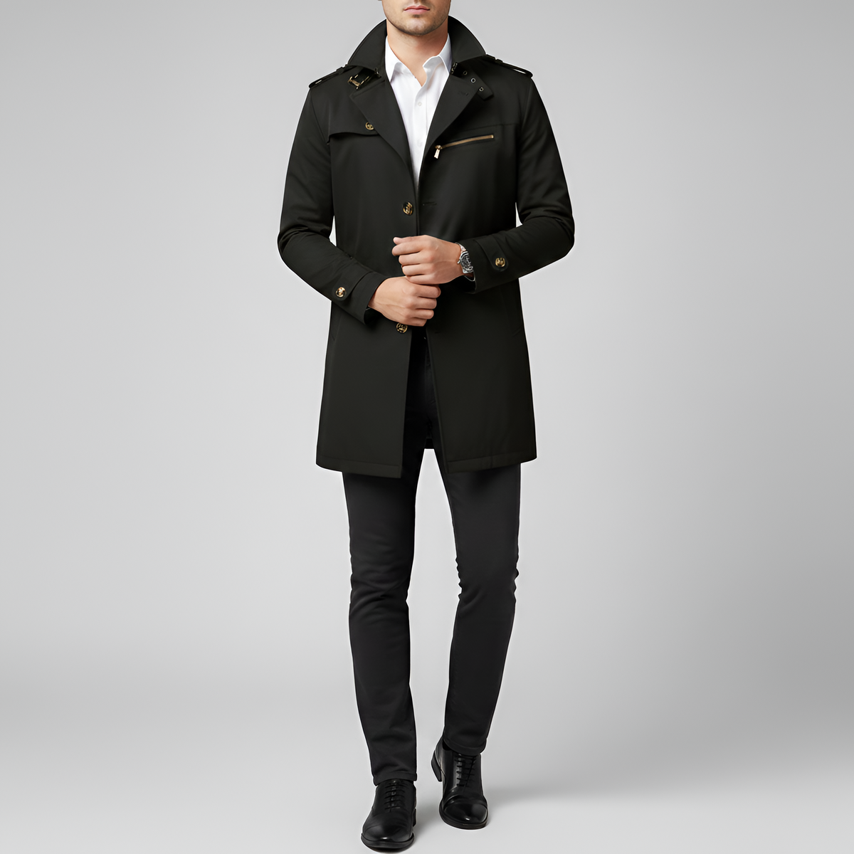 Trench coat masculino elegante Valerios Fashion com cinto e fechamento por botões