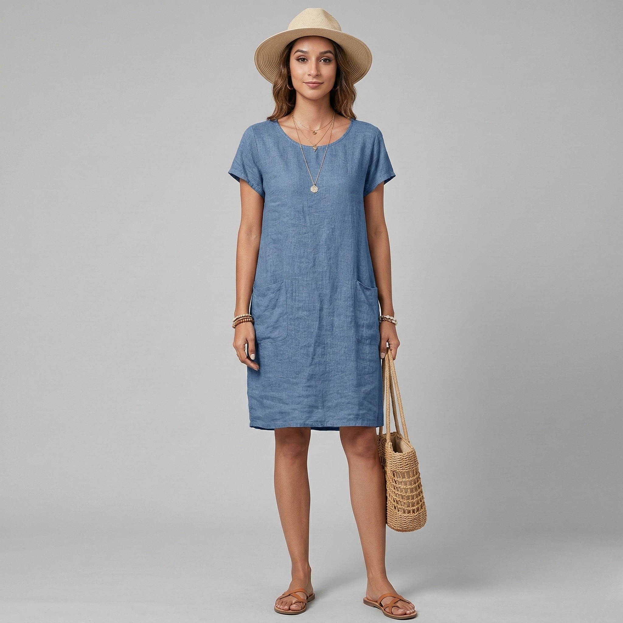 Vestito donna corto in lino maniche corte con tasche abito casual estivo donna