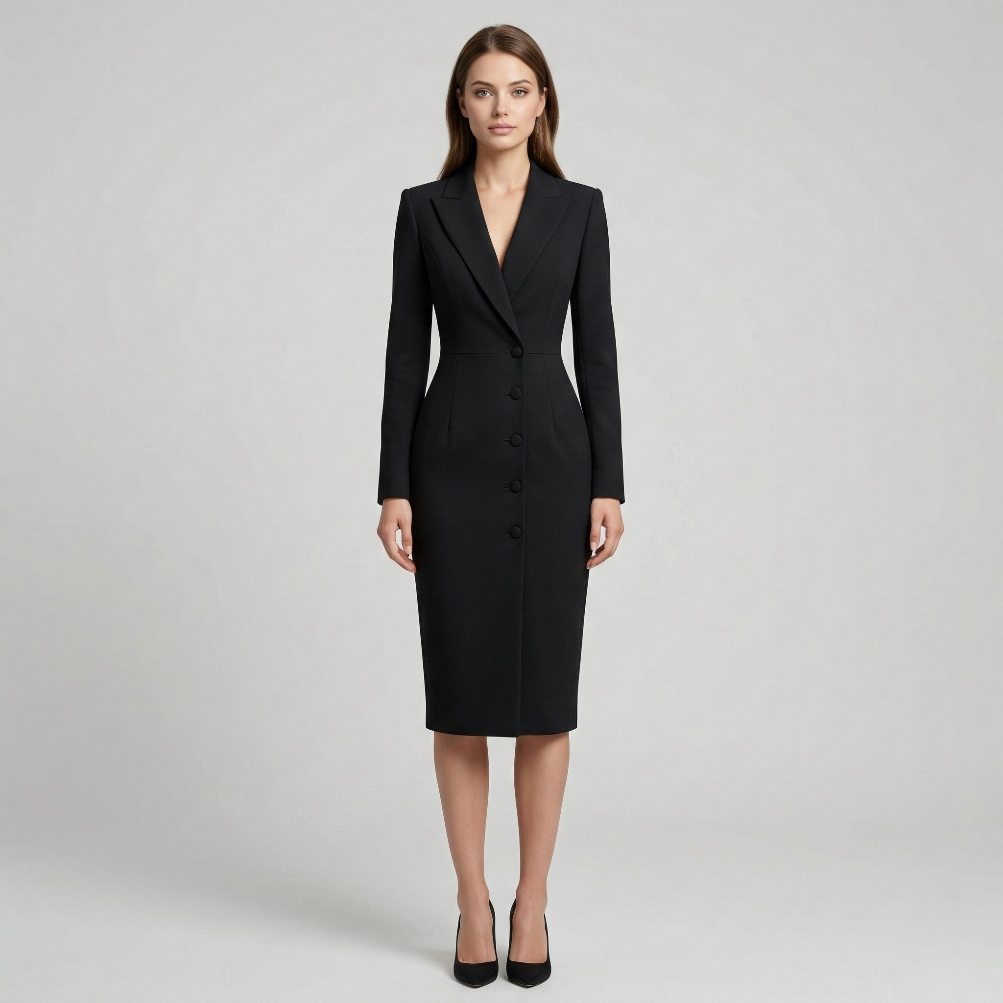 Rochie-blazer midi elegantă pentru femei, croială sartorială, cu nasturi și mâneci lungi