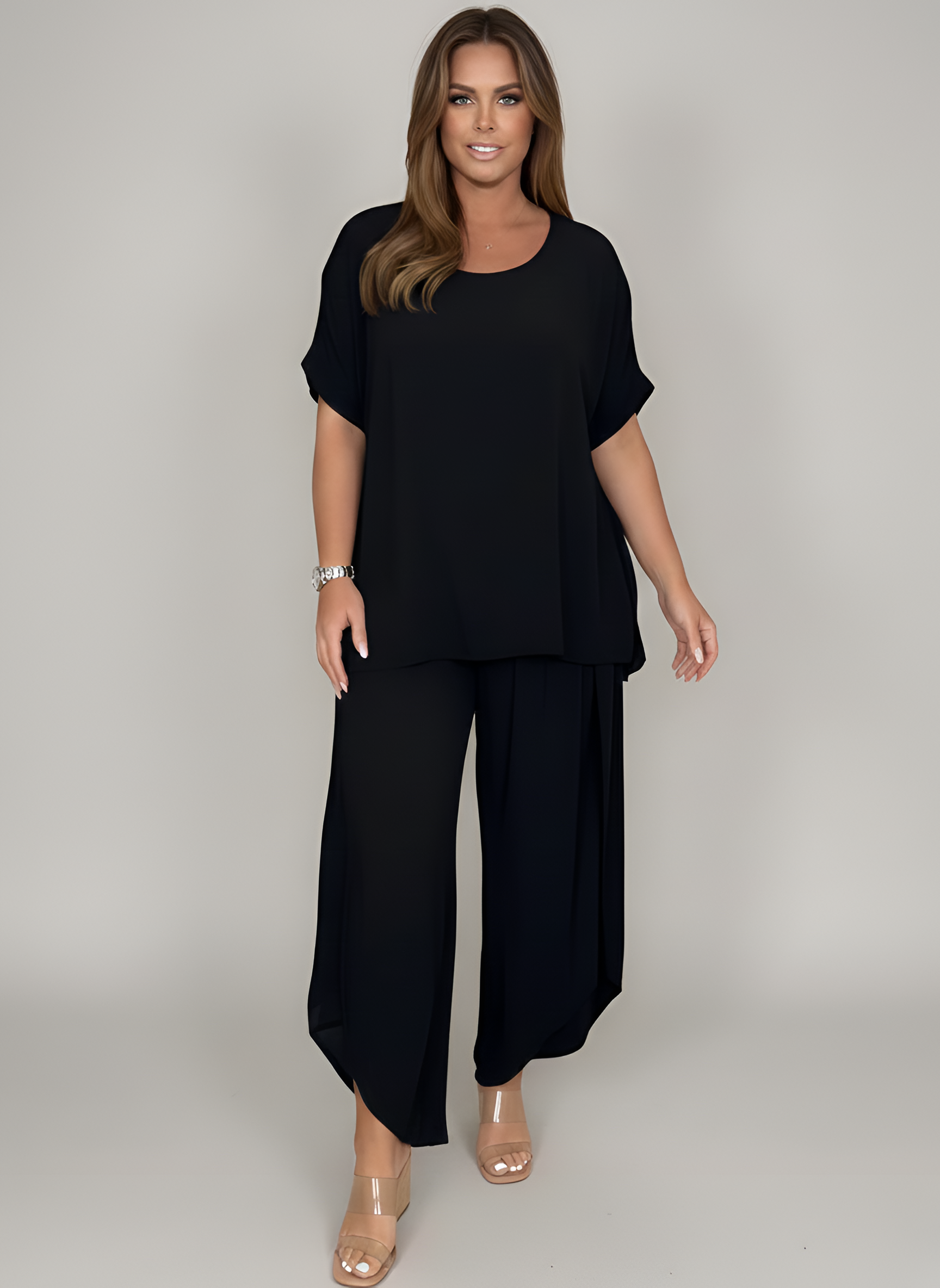 Completo due pezzi donna con tunica e pantaloni ampi