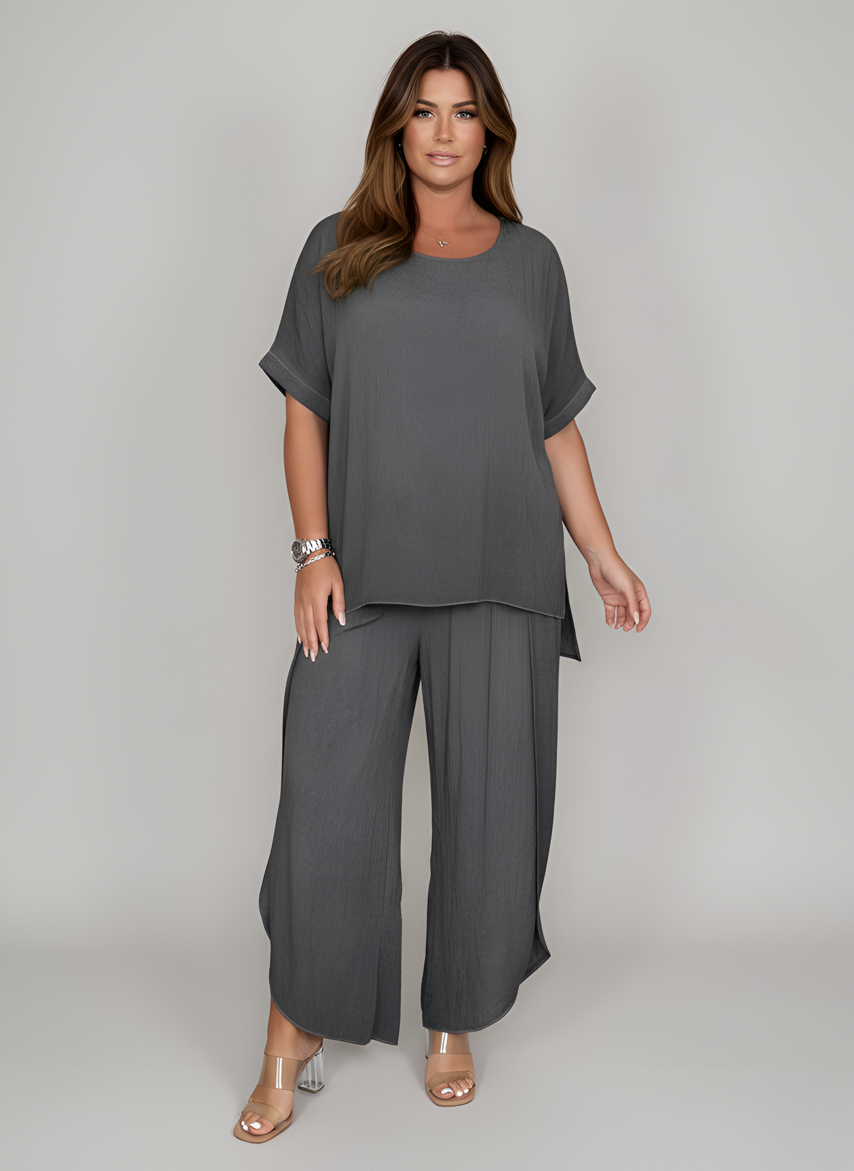 Conjunto completo de dos piezas para mujer con túnica y pantalones anchos