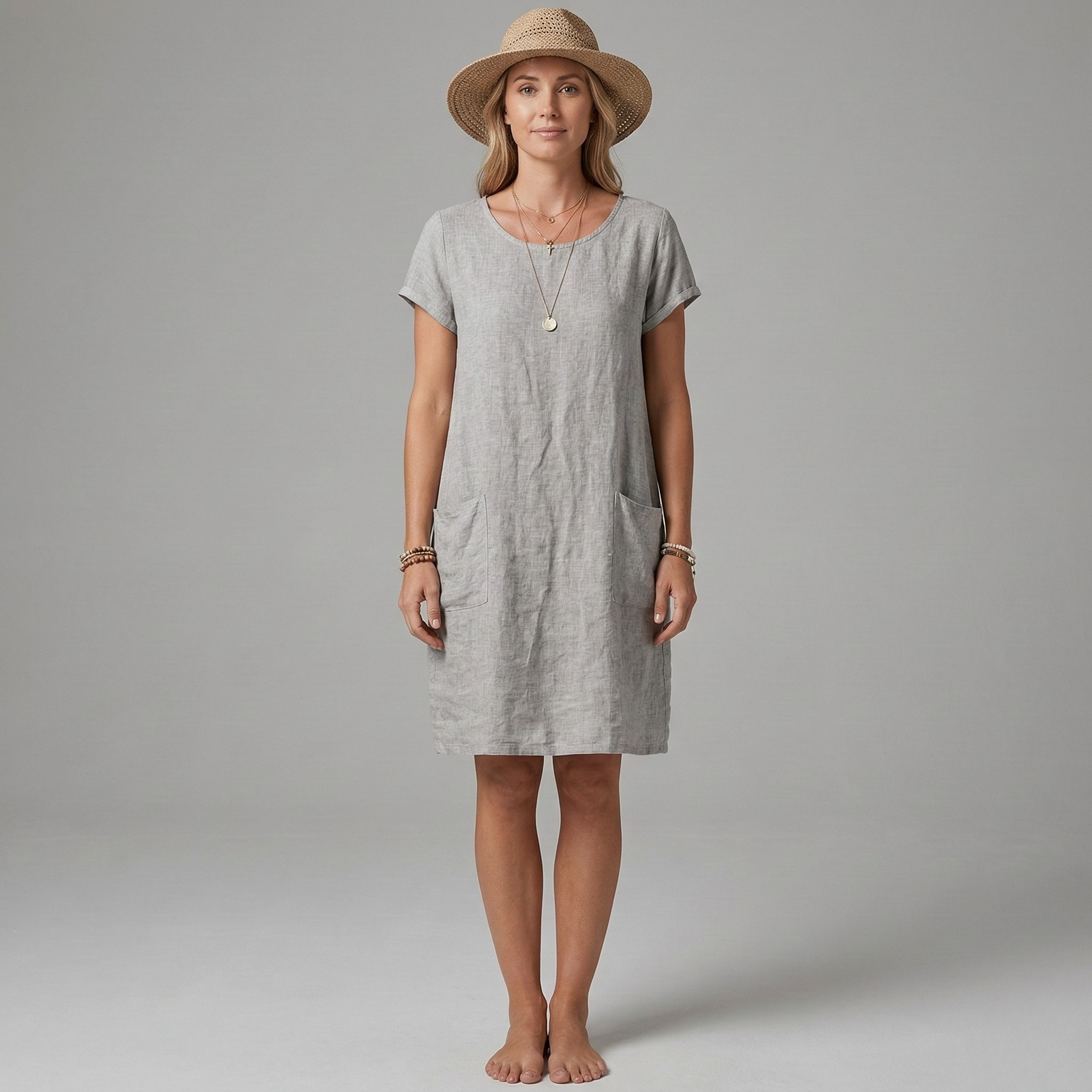 Vestito donna corto in lino maniche corte con tasche abito casual estivo donna