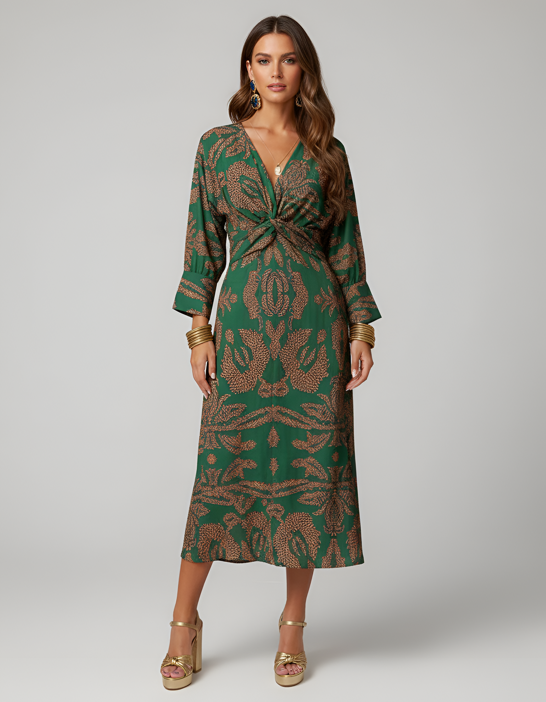 Vestido midi de mujer con escote en V, mangas largas y nudo frontal