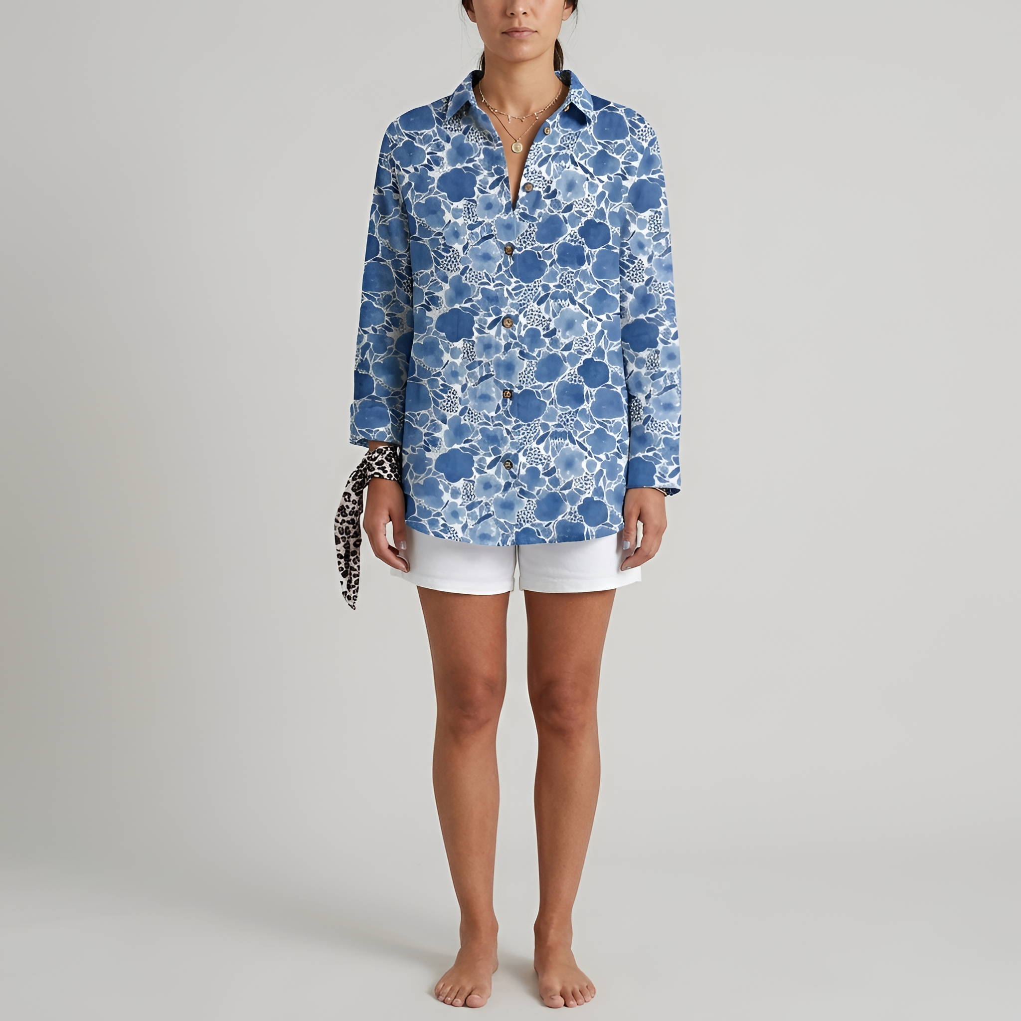 Camicia lunga donna floreale in cotone con bottoni manica lunga casual estiva