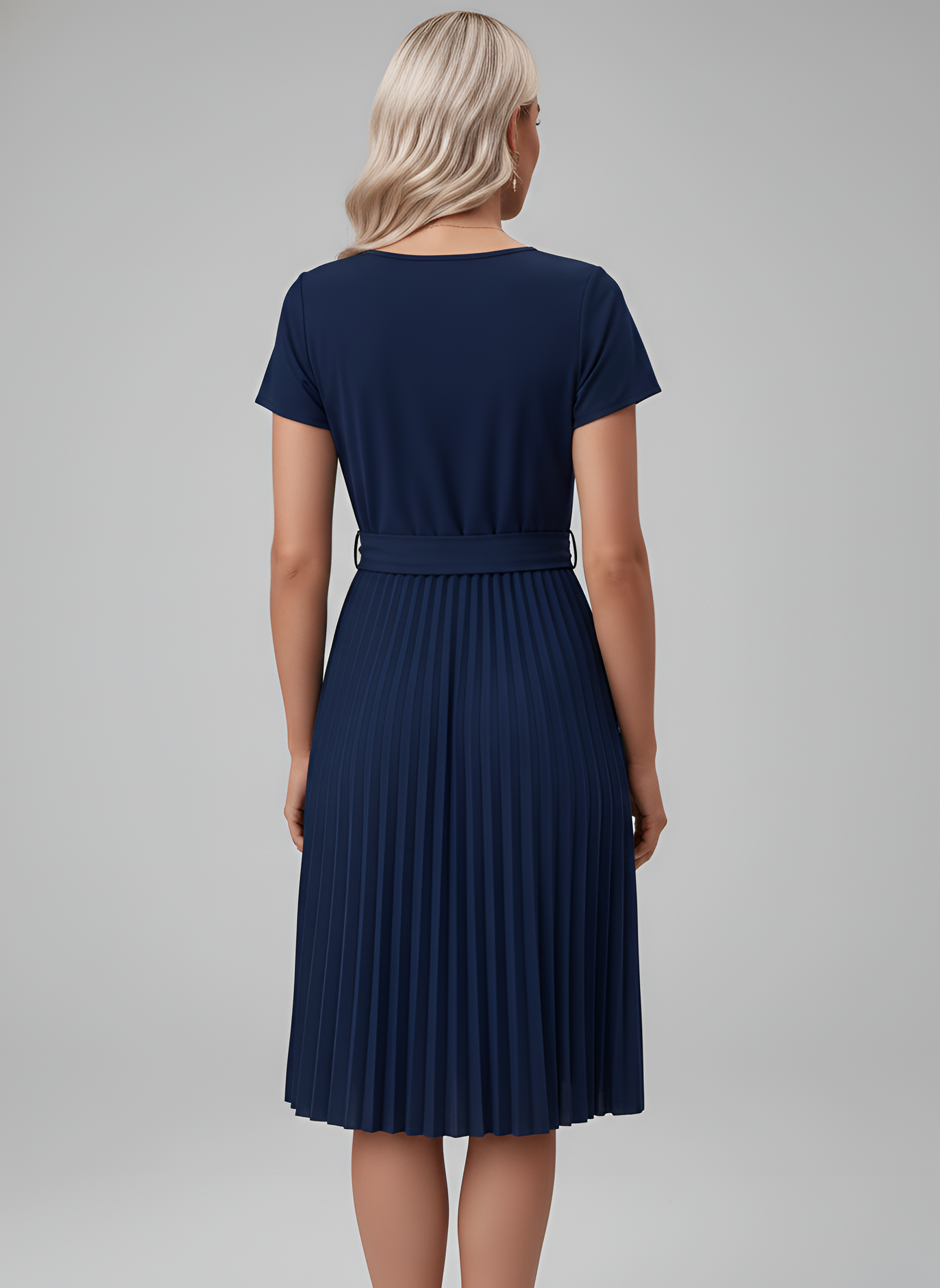Women's Pleated Midi Dress with Belt and Short Sleeves in Fluid Fabric