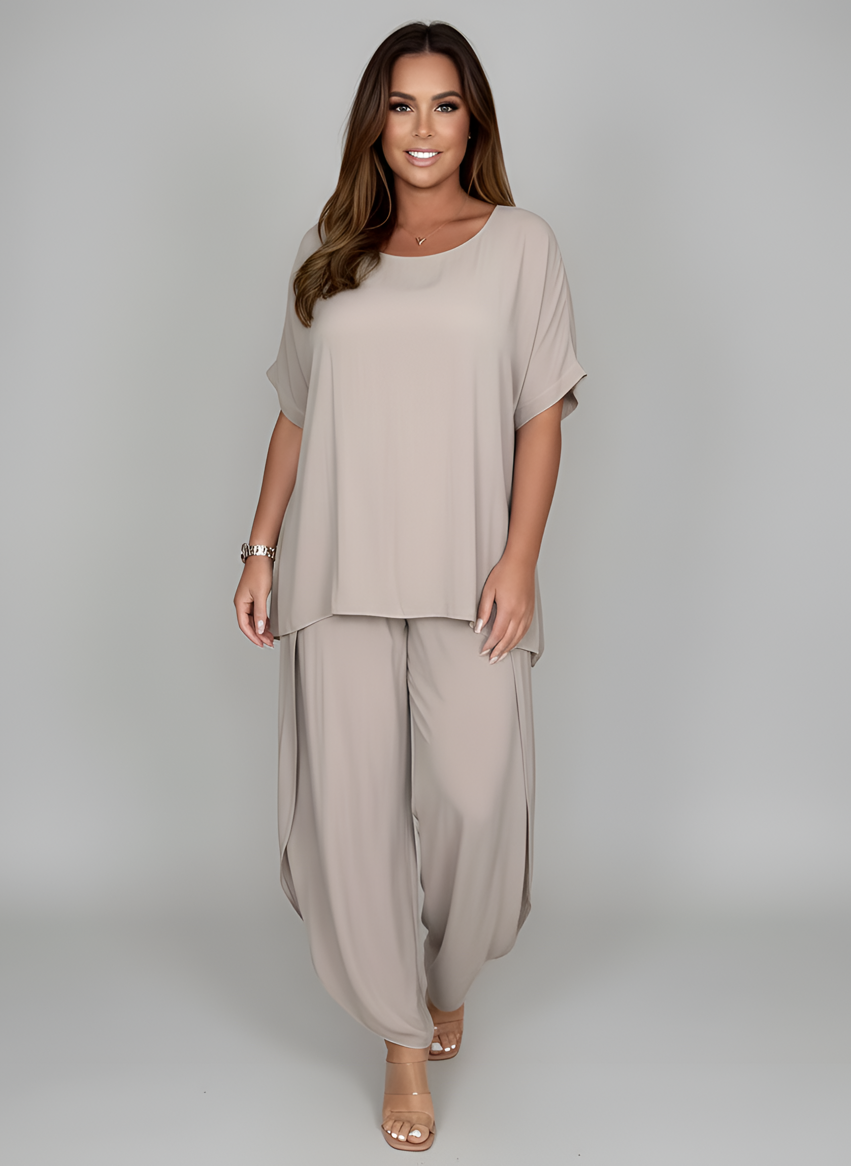 Conjunto completo de dos piezas para mujer con túnica y pantalones anchos