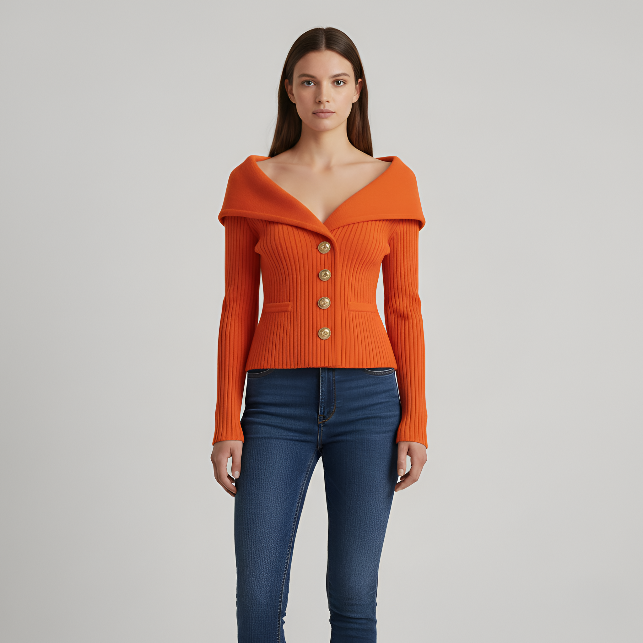 Giacca cardigan donna a coste con bottoni scollo a V fit aderente