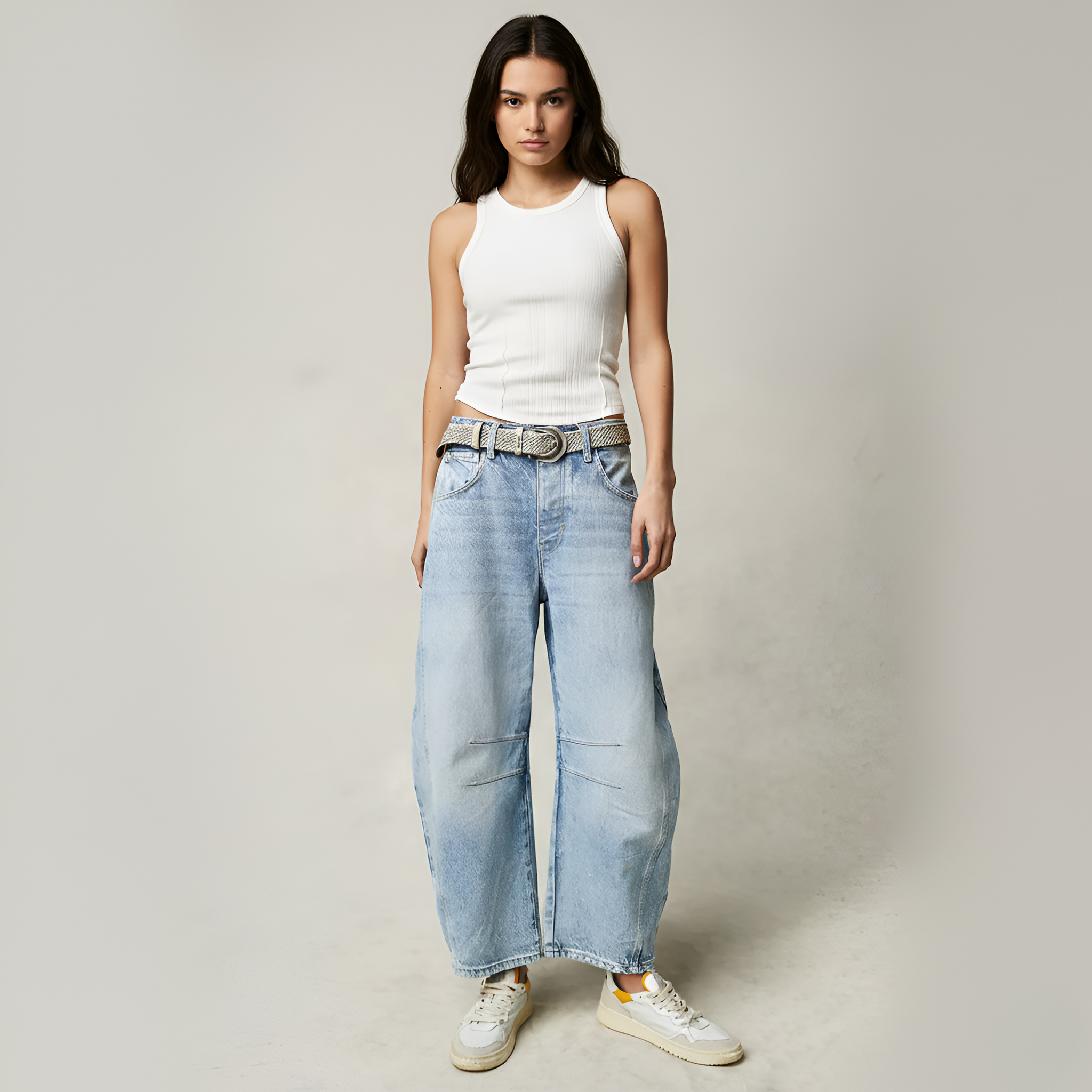 Valerios Fashion jeans donna a gamba larga in denim di cotone vita alta