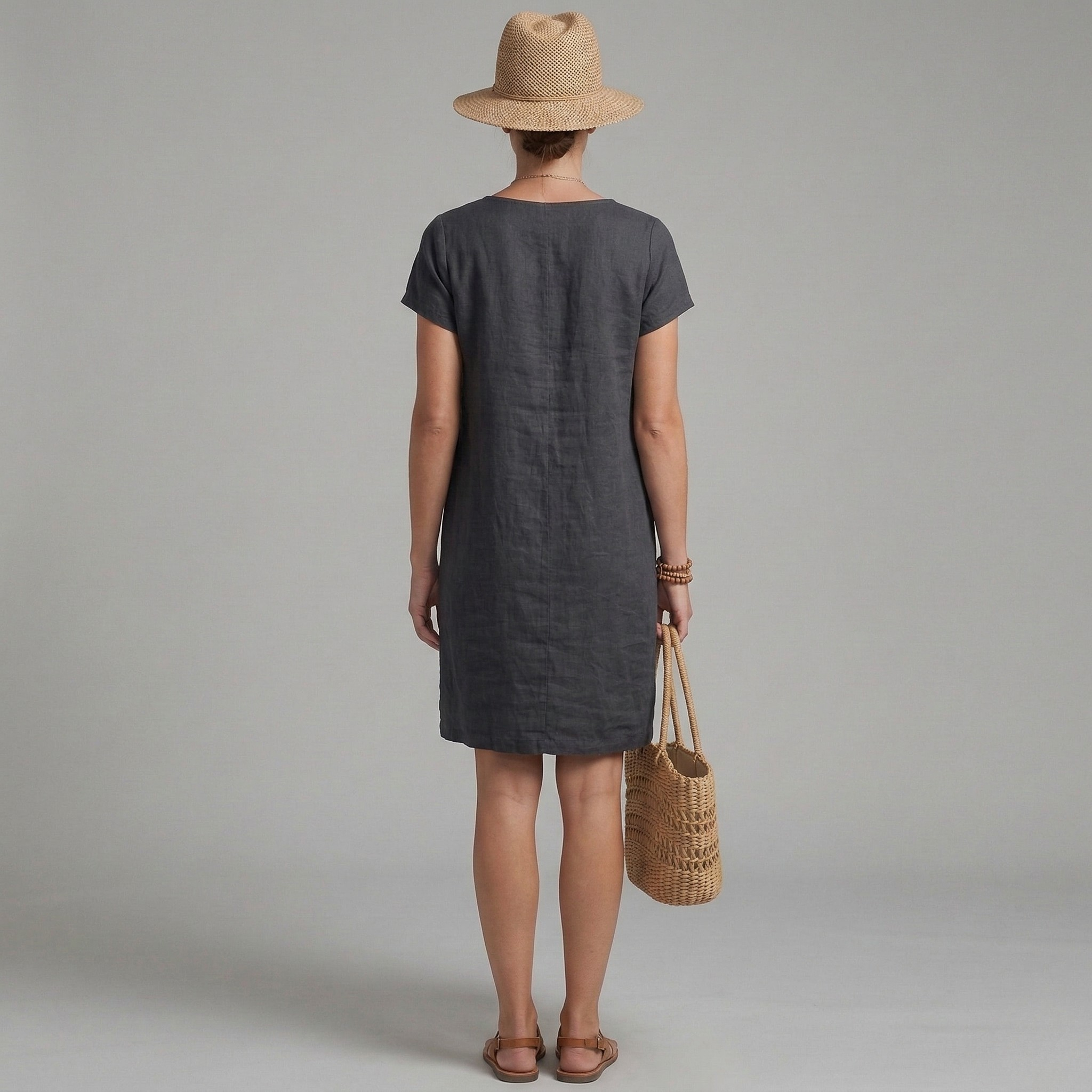 Vestito donna corto in lino maniche corte con tasche abito casual estivo donna