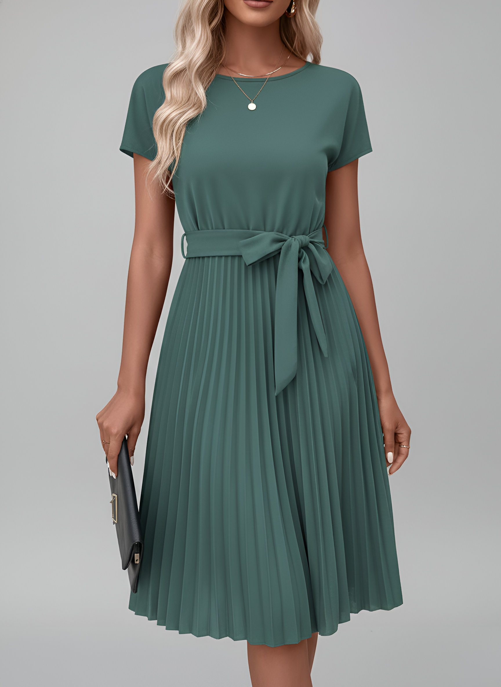 Women's Pleated Midi Dress with Belt and Short Sleeves in Fluid Fabric