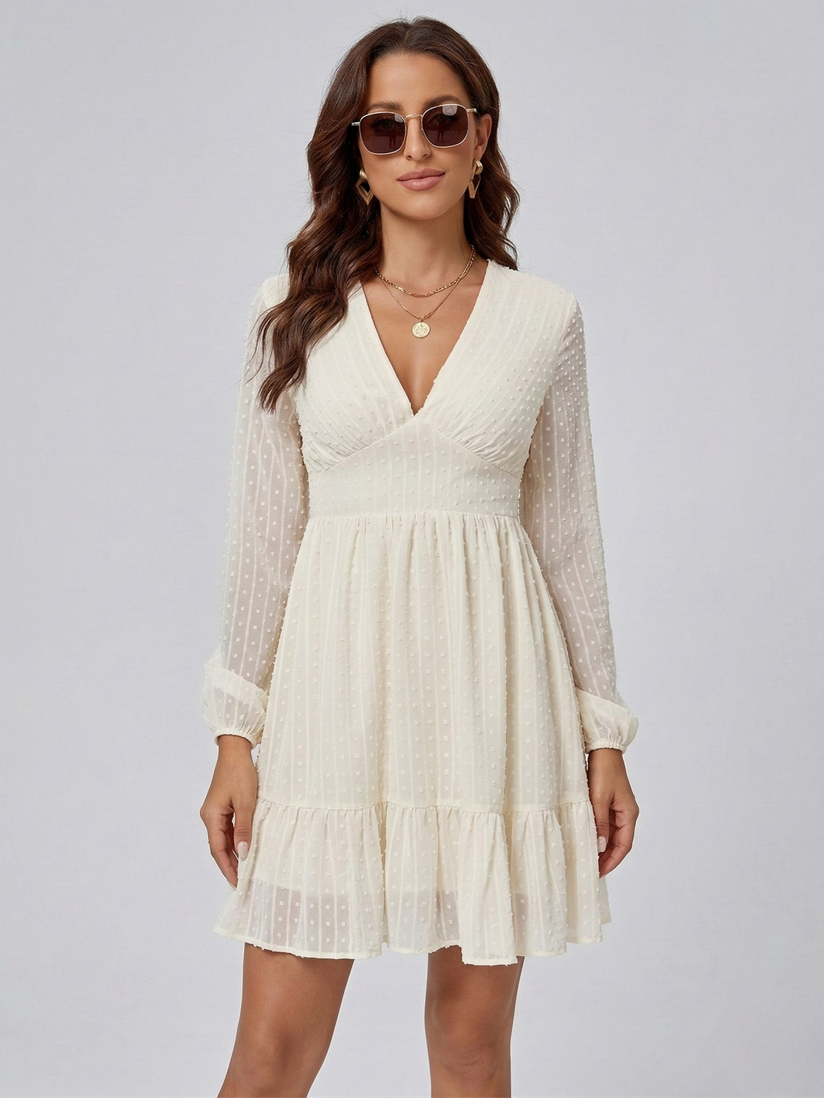 Women's Short V-Neck Dress with Long Sleeves, Elegant Chiffon Ruffle Dress