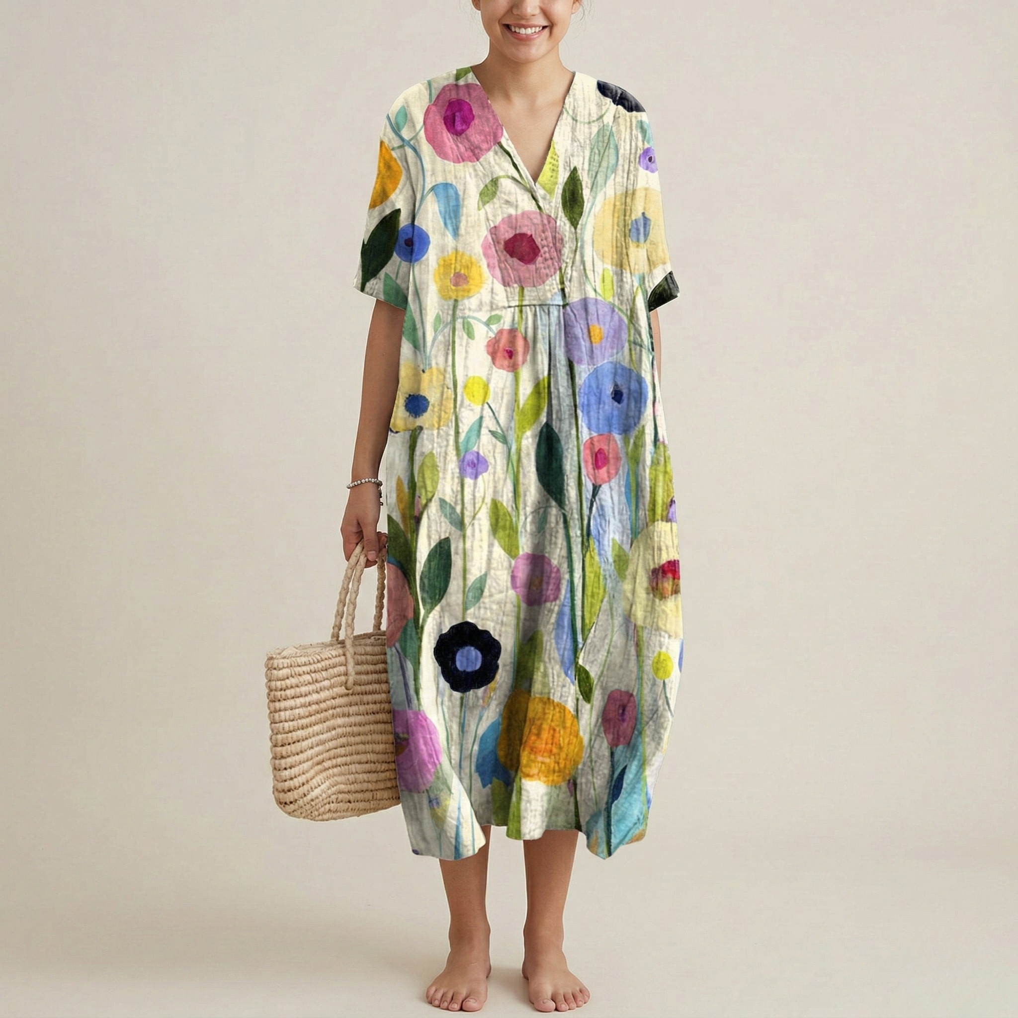 Robe longue femme fleurie en coton avec col en V et manches courtes