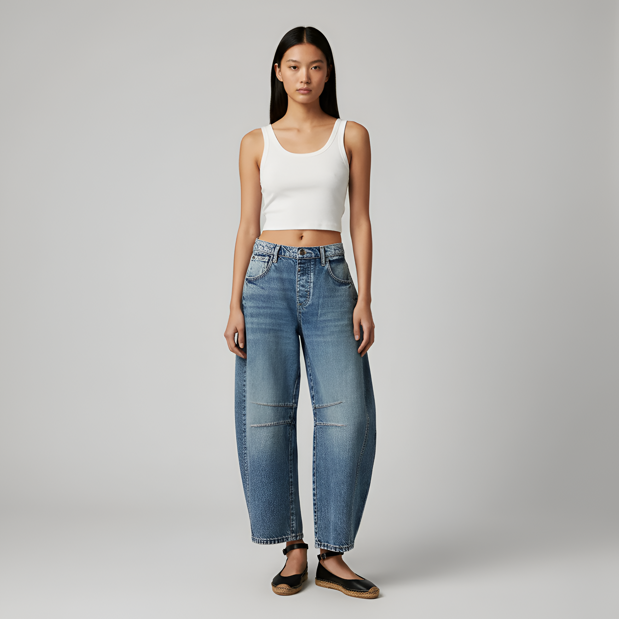 Valerios Fashion jeans donna a gamba larga in denim di cotone vita alta