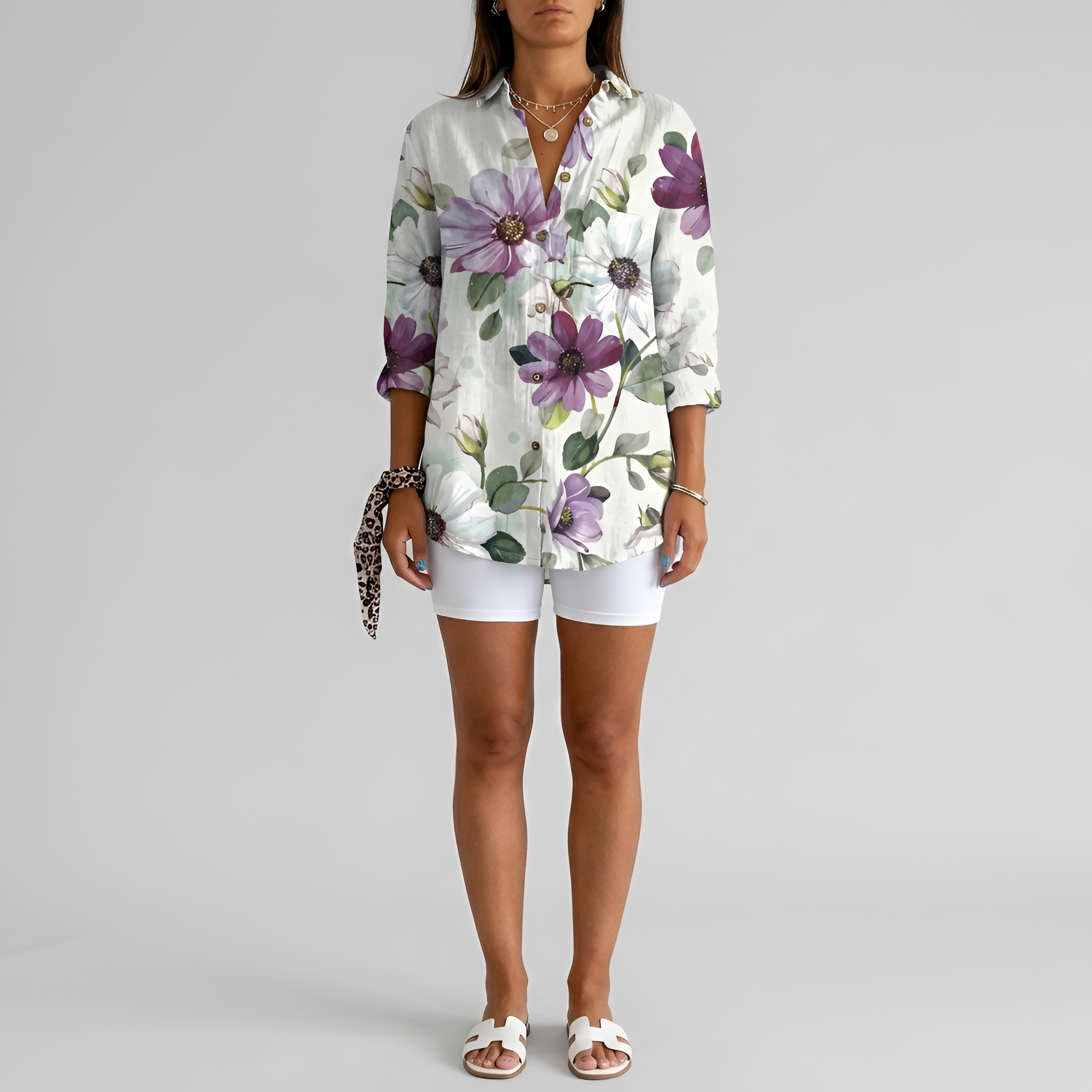 Camicia lunga donna floreale in cotone con bottoni manica lunga casual estiva