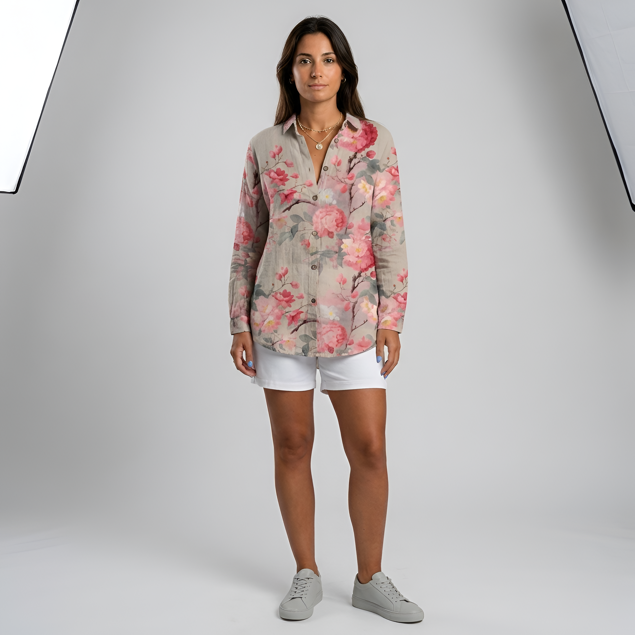Camicia lunga donna floreale in cotone con bottoni manica lunga casual estiva