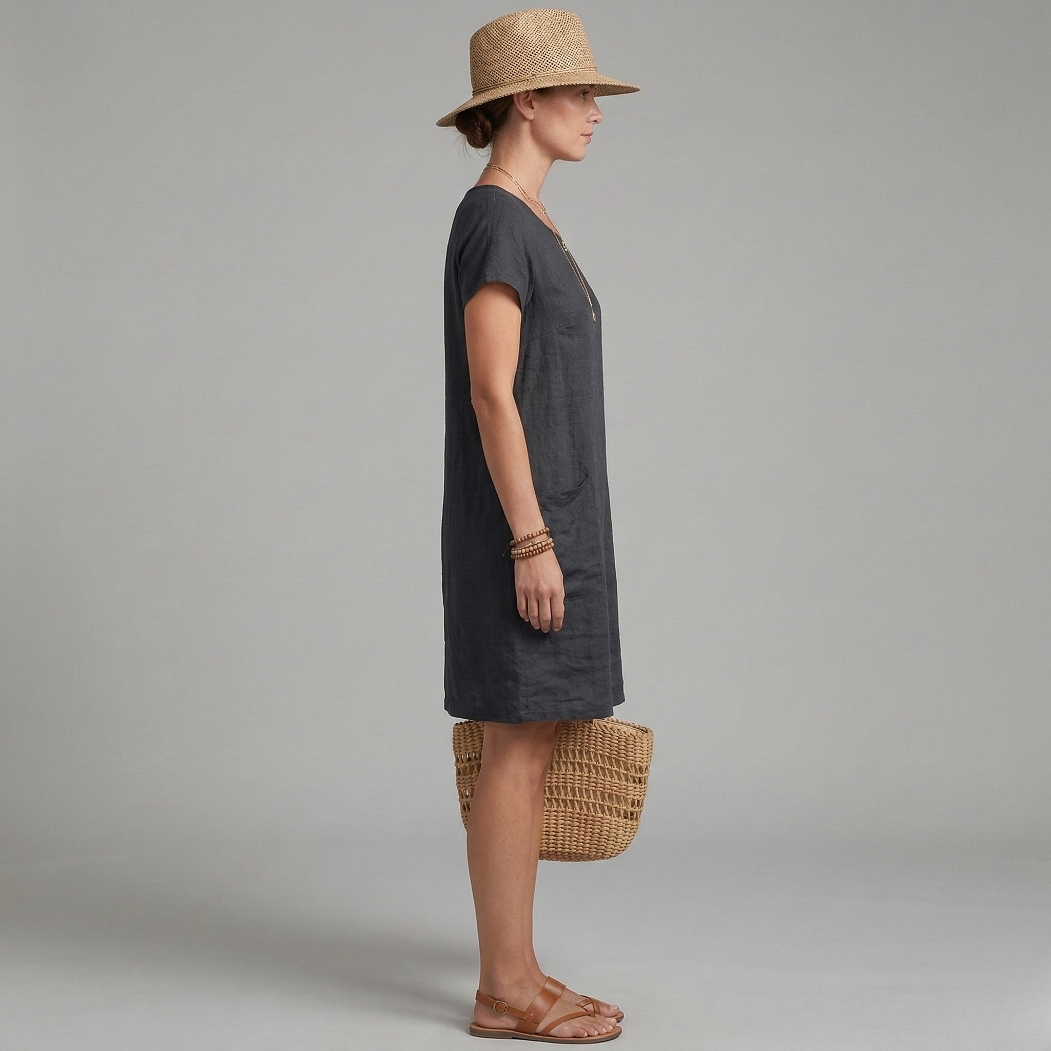 Vestito donna corto in lino maniche corte con tasche abito casual estivo donna
