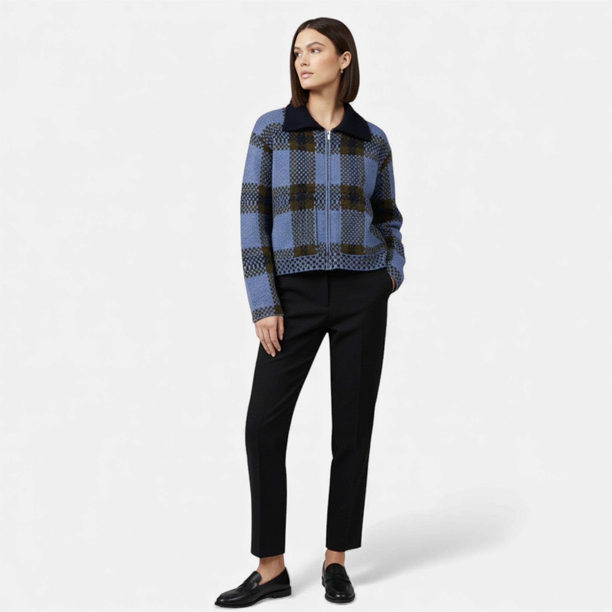 Cardigan Donna a Quadri con Zip e Colletto a Contrasto