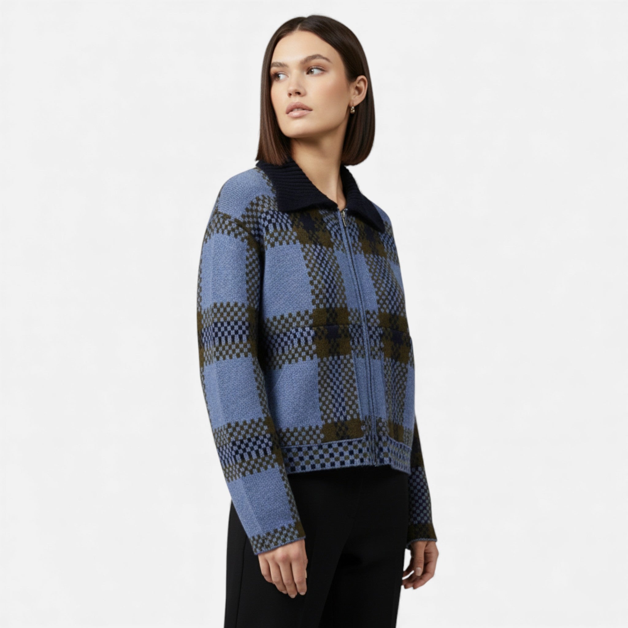 Cardigan Donna a Quadri con Zip e Colletto a Contrasto