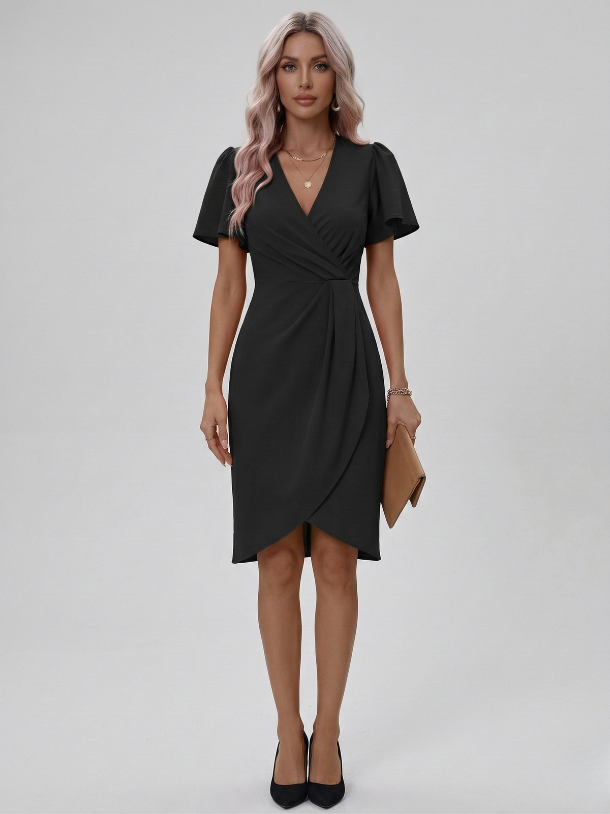 Elegancka sukienka damska z dekoltem w serek, midi, kopertowa, z krótkimi rękawami, dopasowany fason