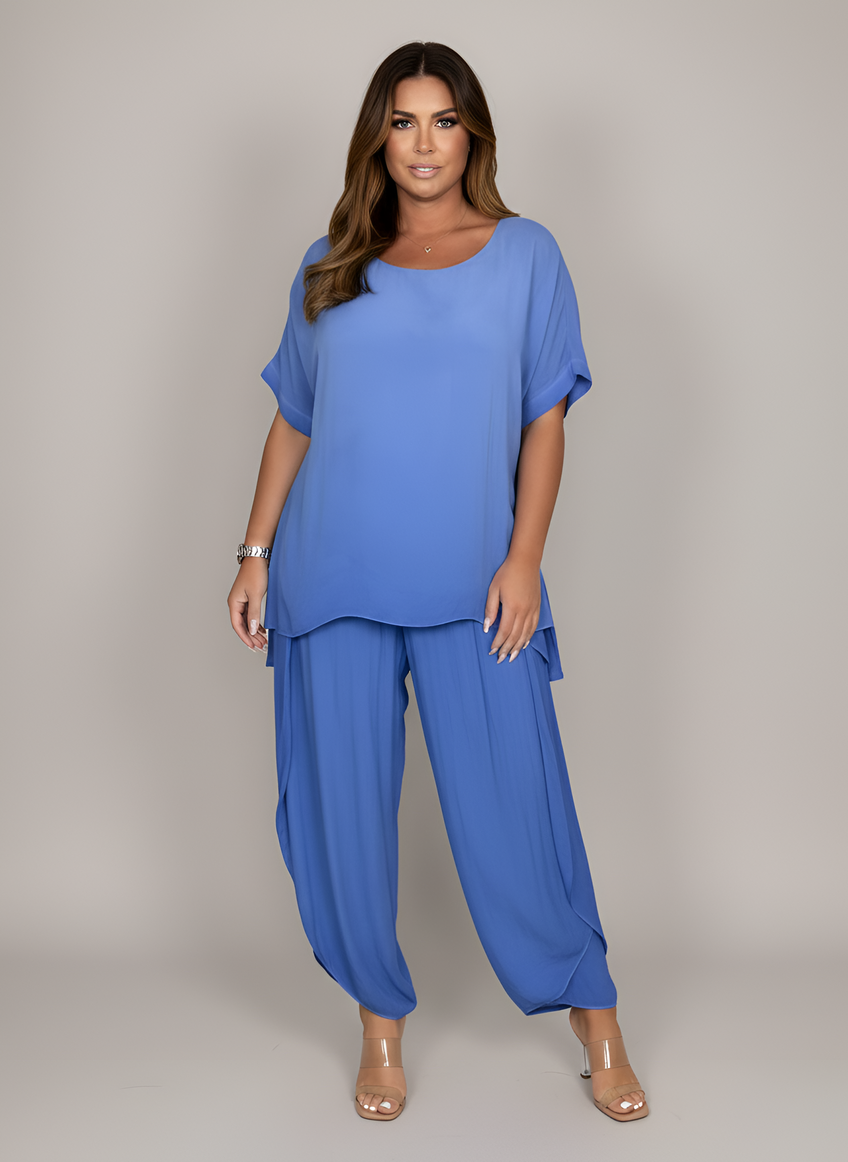 Conjunto completo de dos piezas para mujer con túnica y pantalones anchos