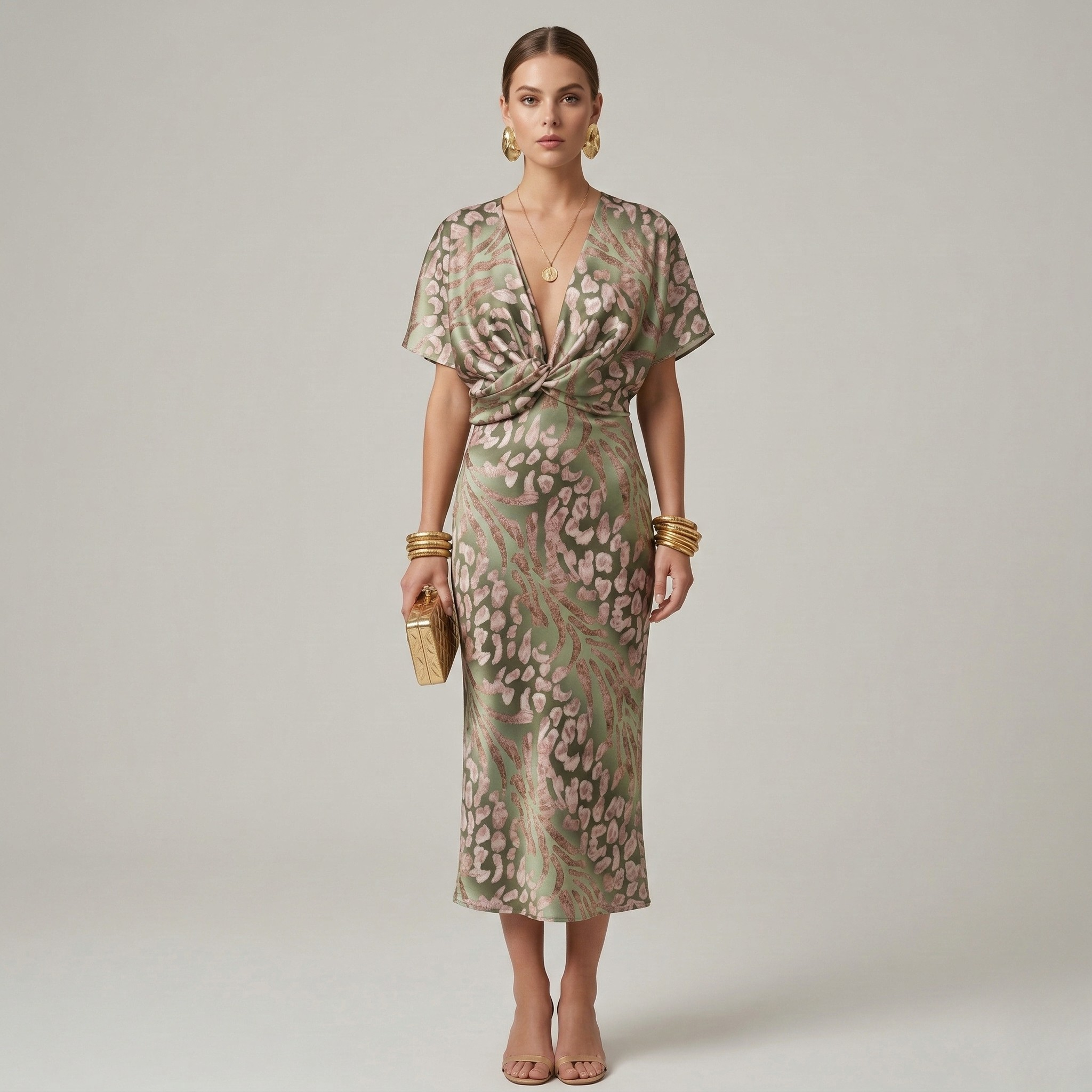 Vestito Donna Elegante Stampato con Scollo a V e Nodo Frontale Manica Corta