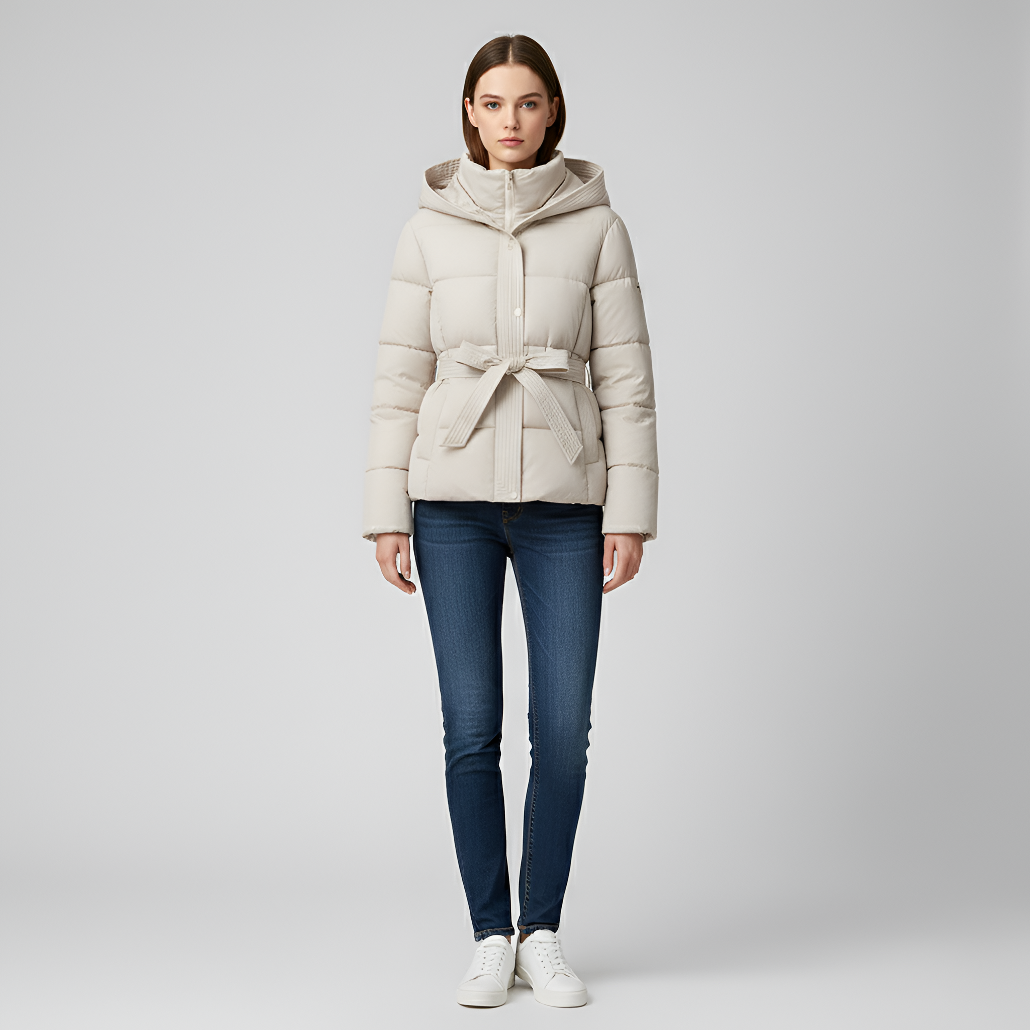 Valerios Fashion casaco acolchoado feminino com capuz e cinto para inverno