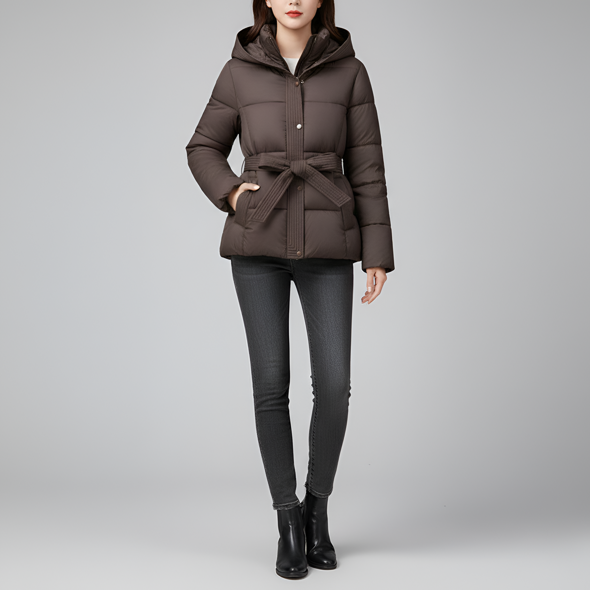 Valerios Fashion casaco acolchoado feminino com capuz e cinto para inverno