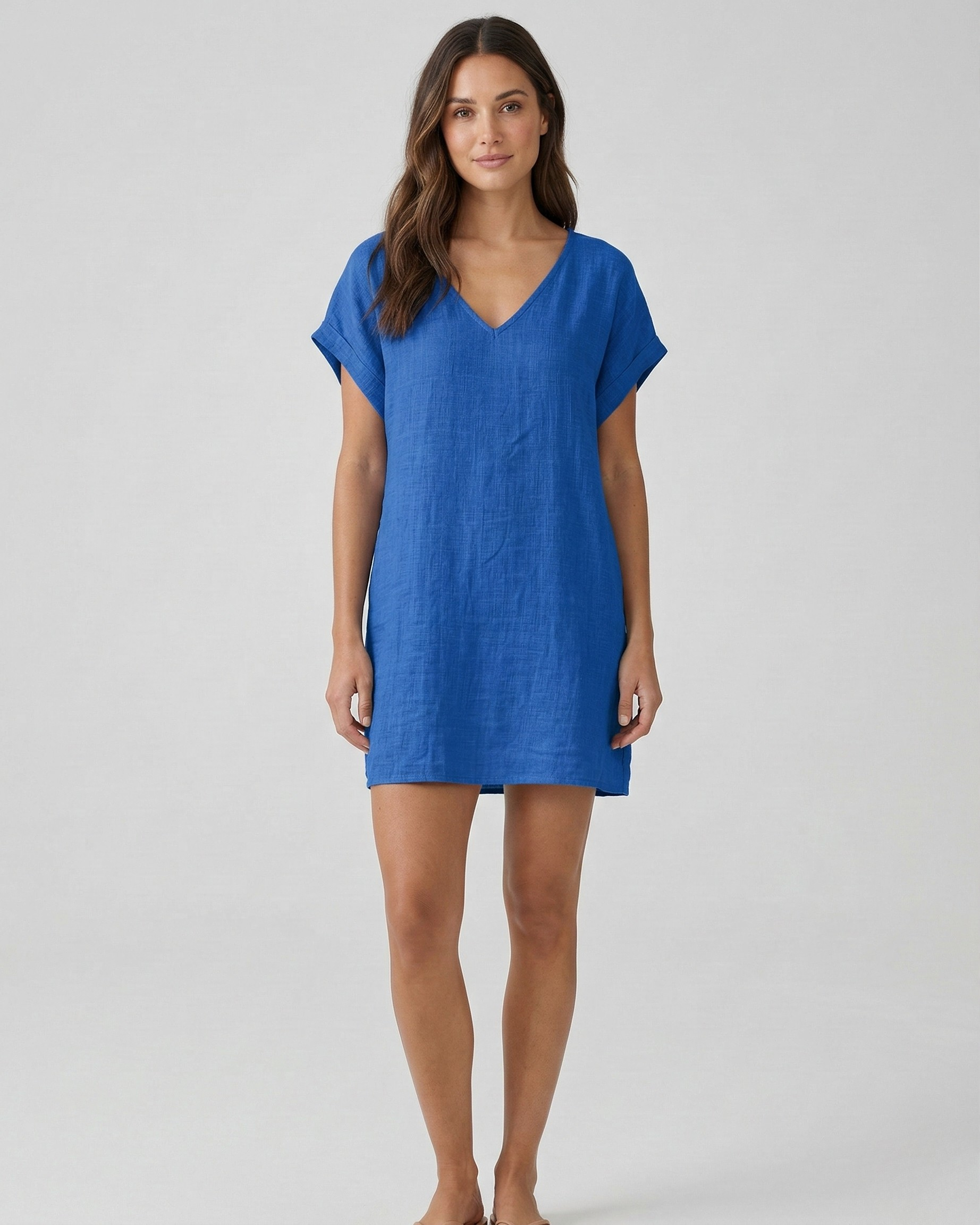 Vestito corto donna in lino scollo a V maniche corte abito casual estivo donna