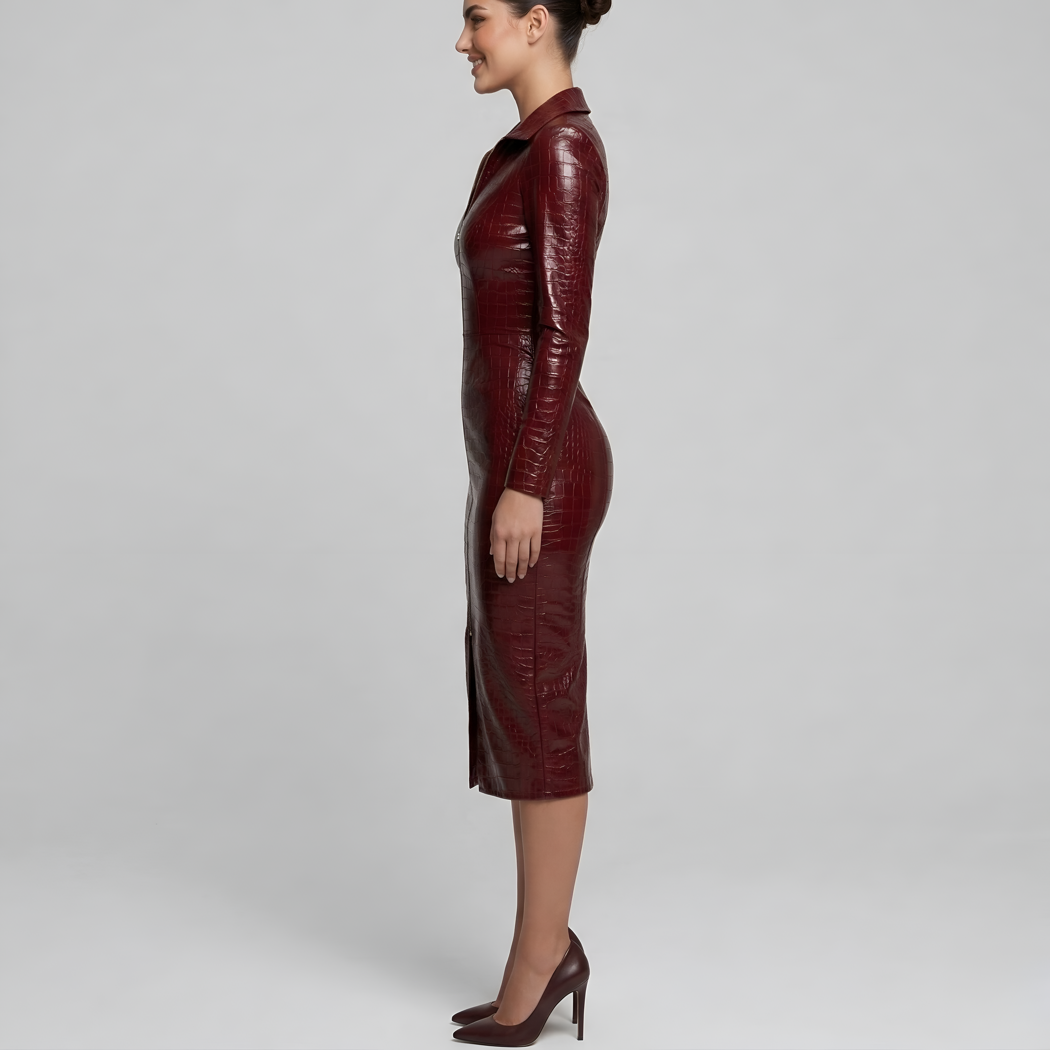 Vestito Donna Aderente Effetto Pelle con Zip Frontale e Maniche Lunghe Abito Midi