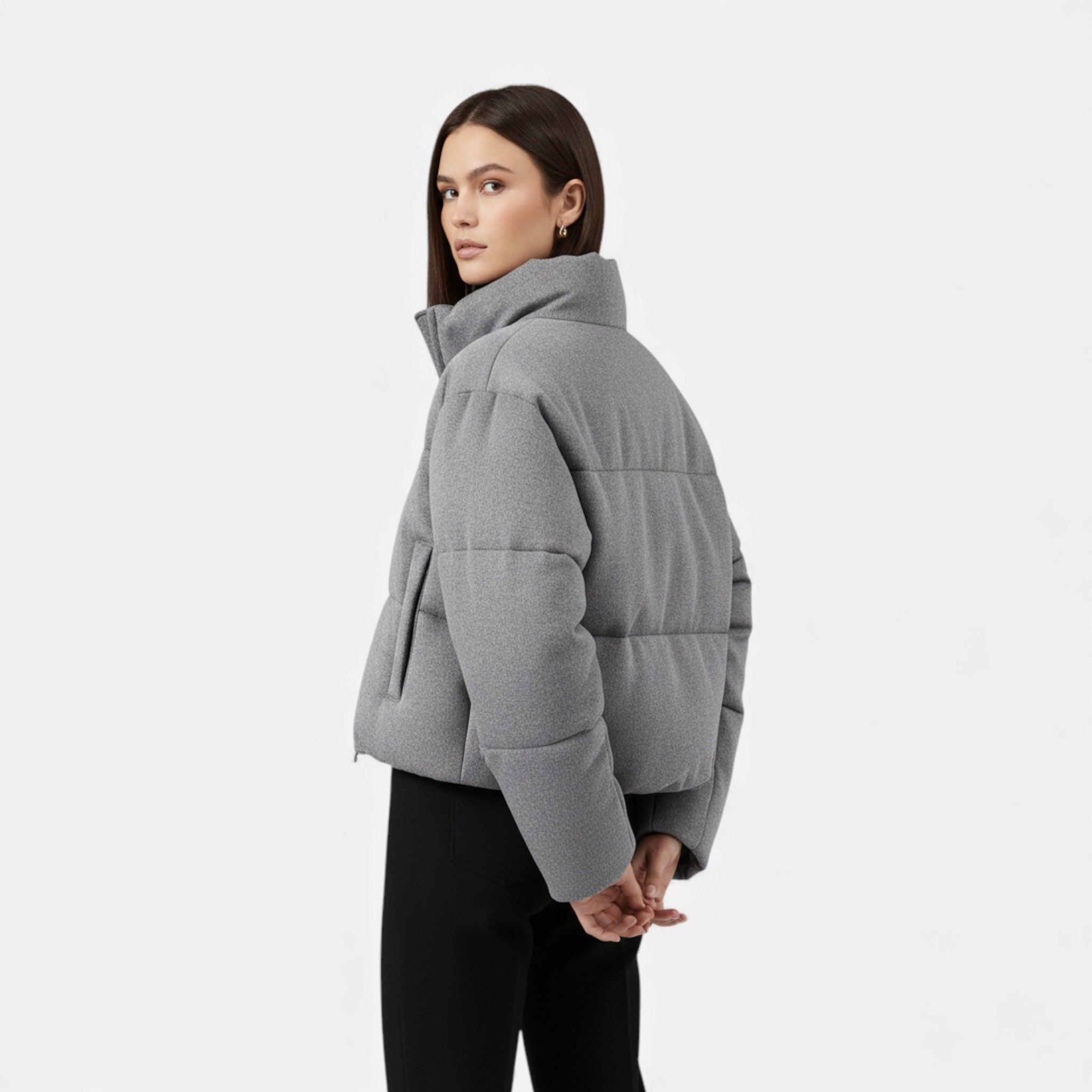 Giacca Puffer Donna Corta con Collo Alto e Chiusura Zip