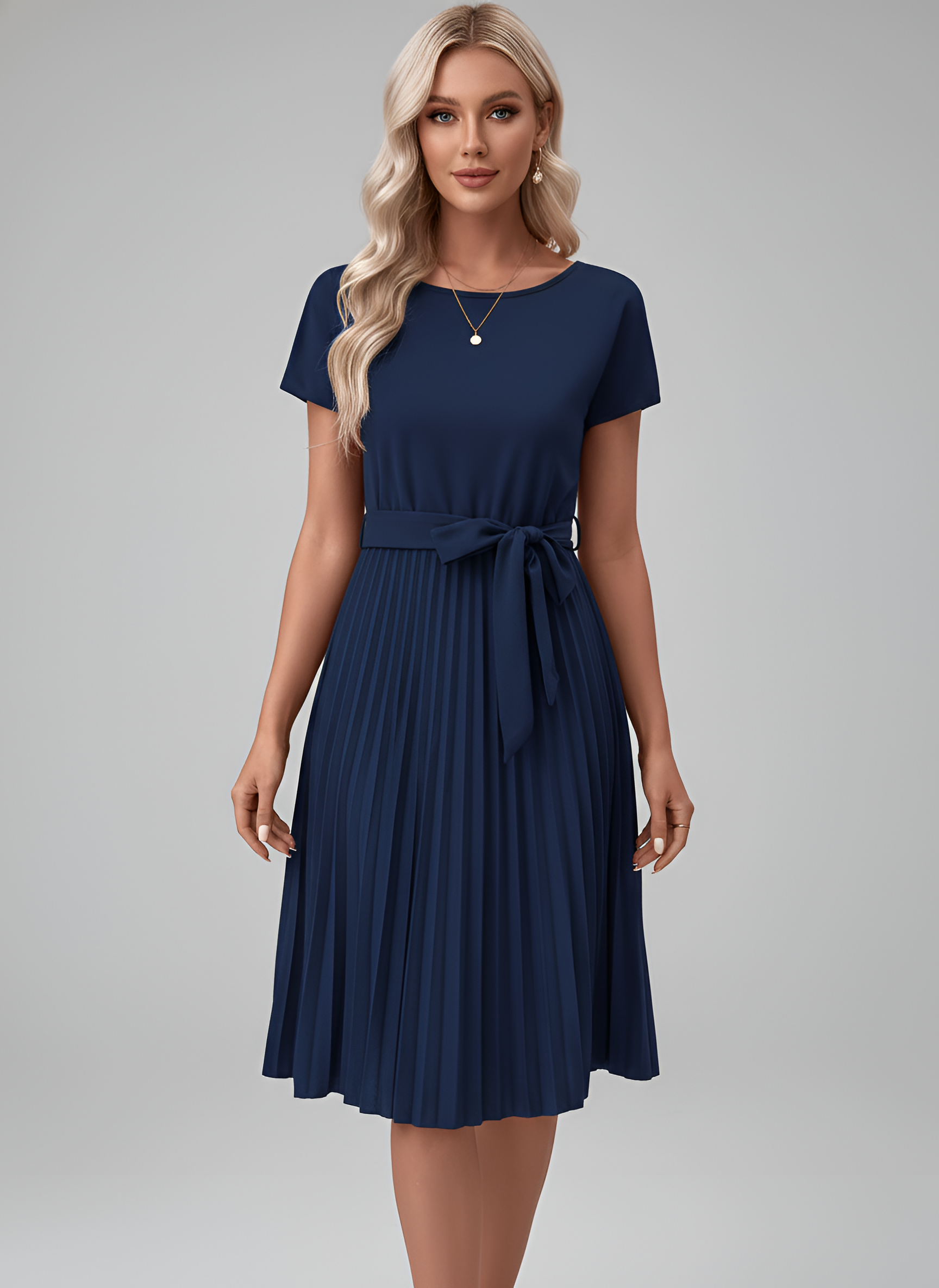 Women's Pleated Midi Dress with Belt and Short Sleeves in Fluid Fabric