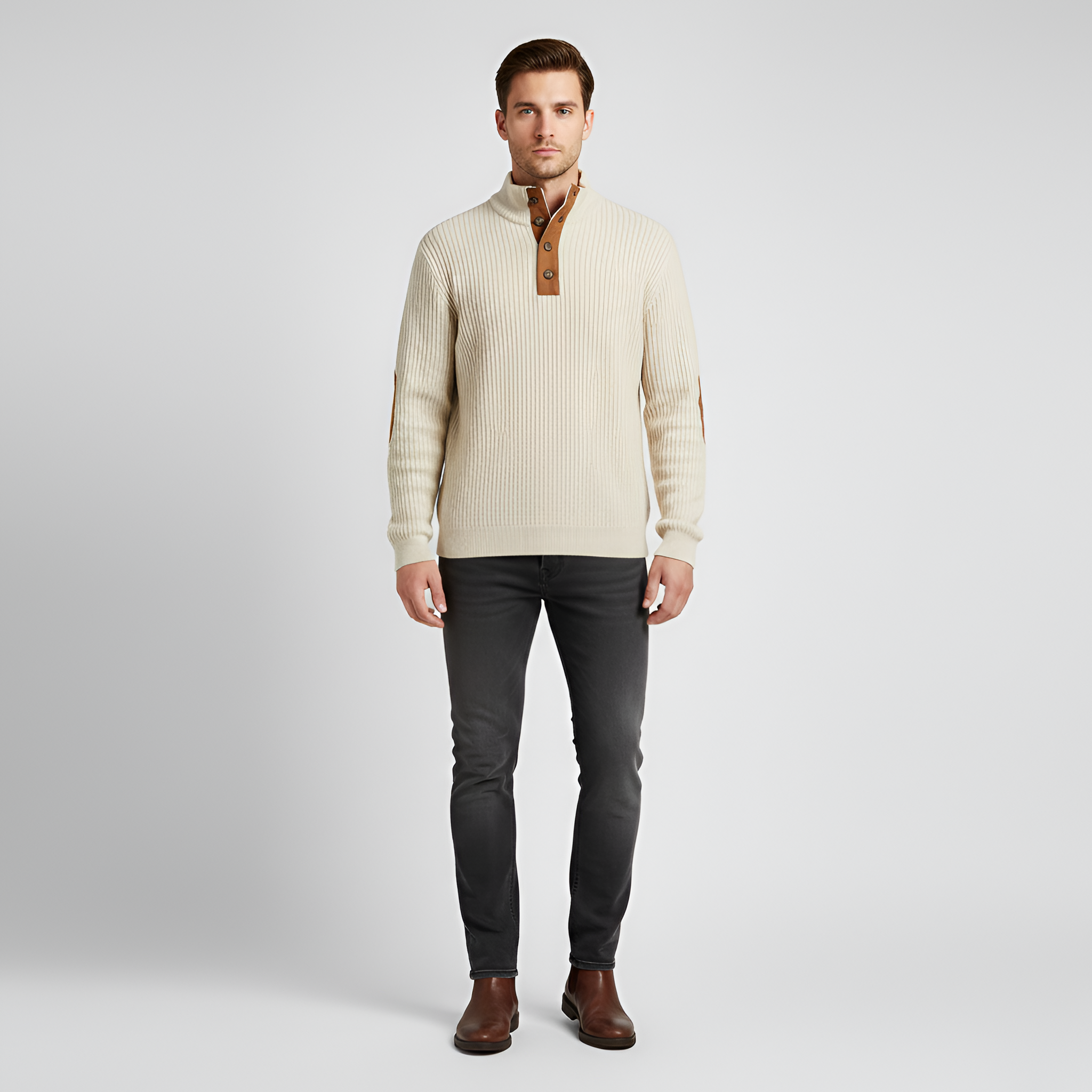 Valerios Fashion maglione dolcevita uomo a coste con toppe ai gomiti