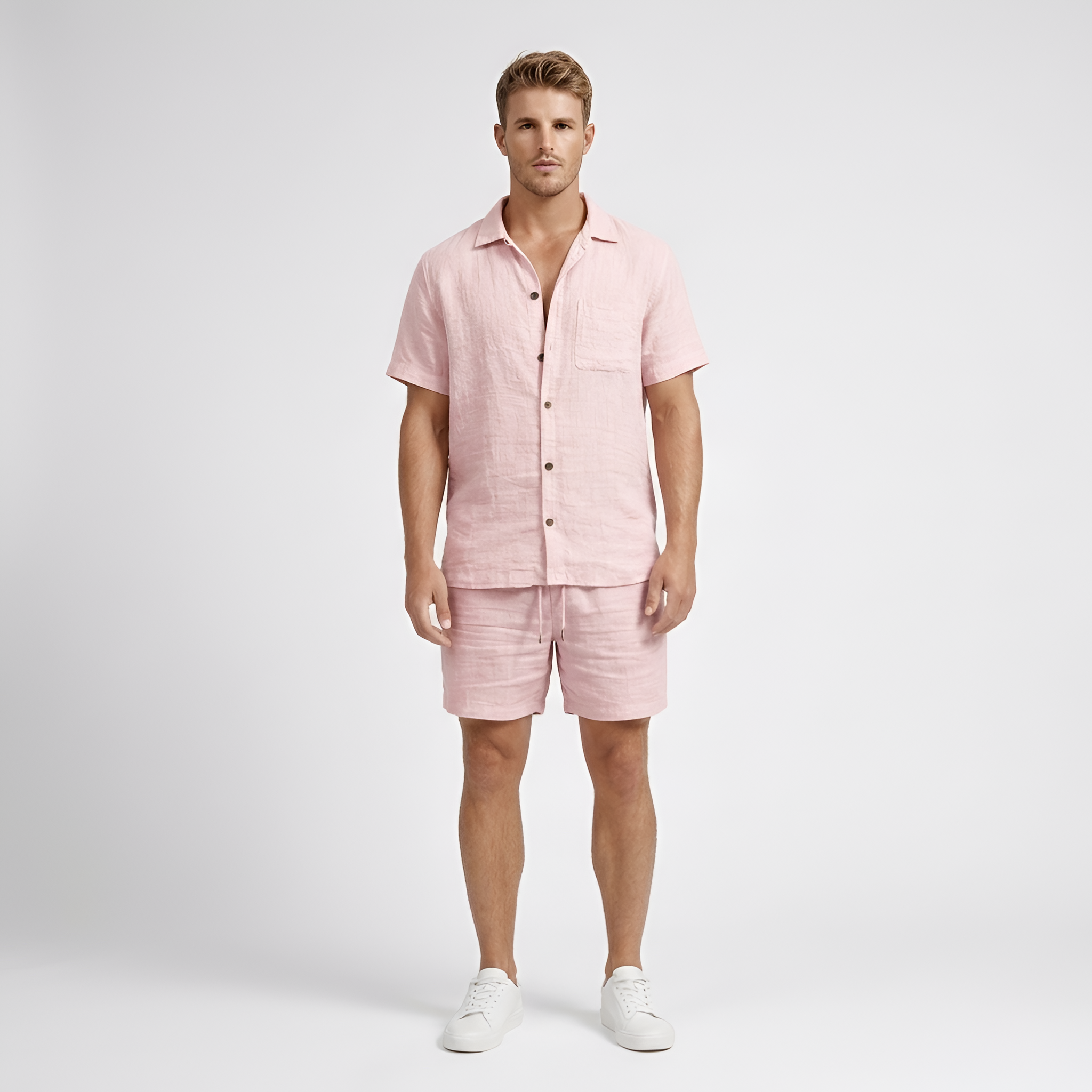 Completo uomo in lino con camicia a maniche corte e bermuda coordinati