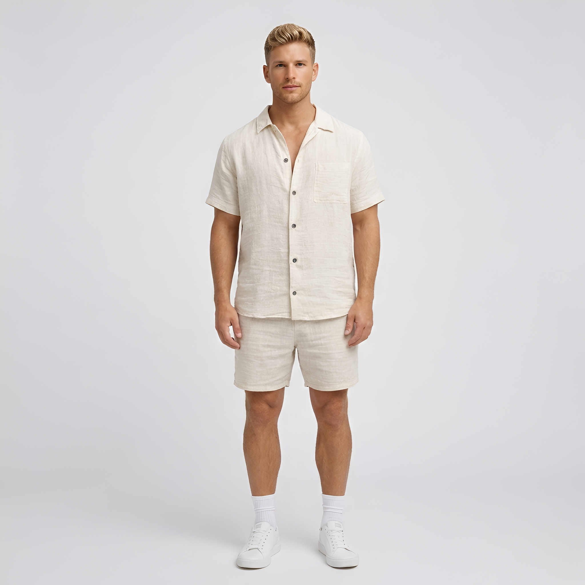 Completo uomo in lino con camicia a maniche corte e bermuda coordinati