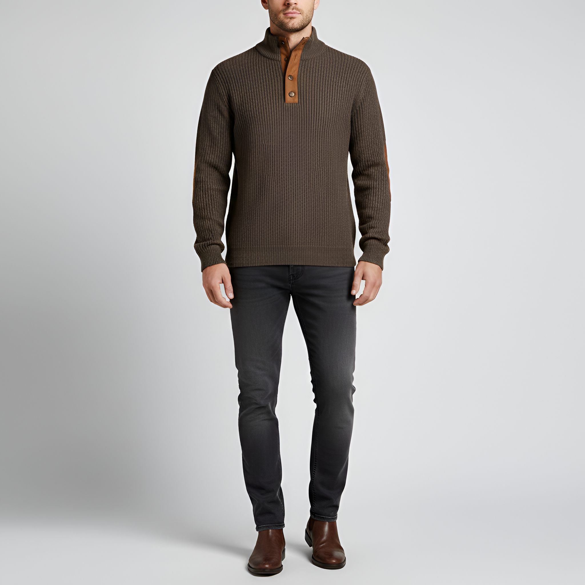 Valerios Fashion maglione dolcevita uomo a coste con toppe ai gomiti
