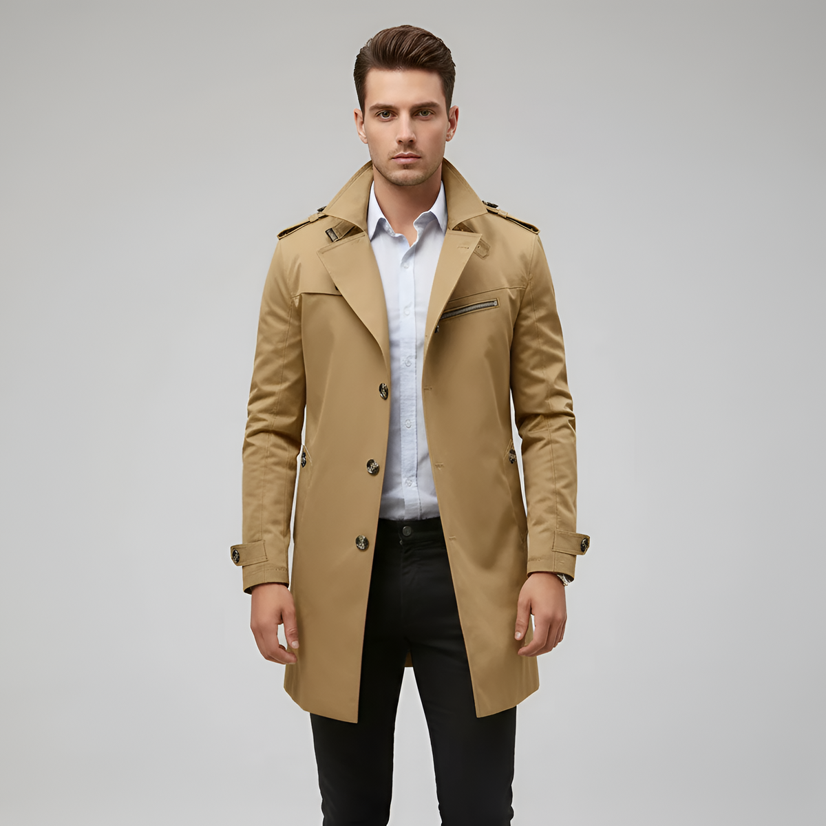 Trench coat masculino elegante Valerios Fashion com cinto e fechamento por botões